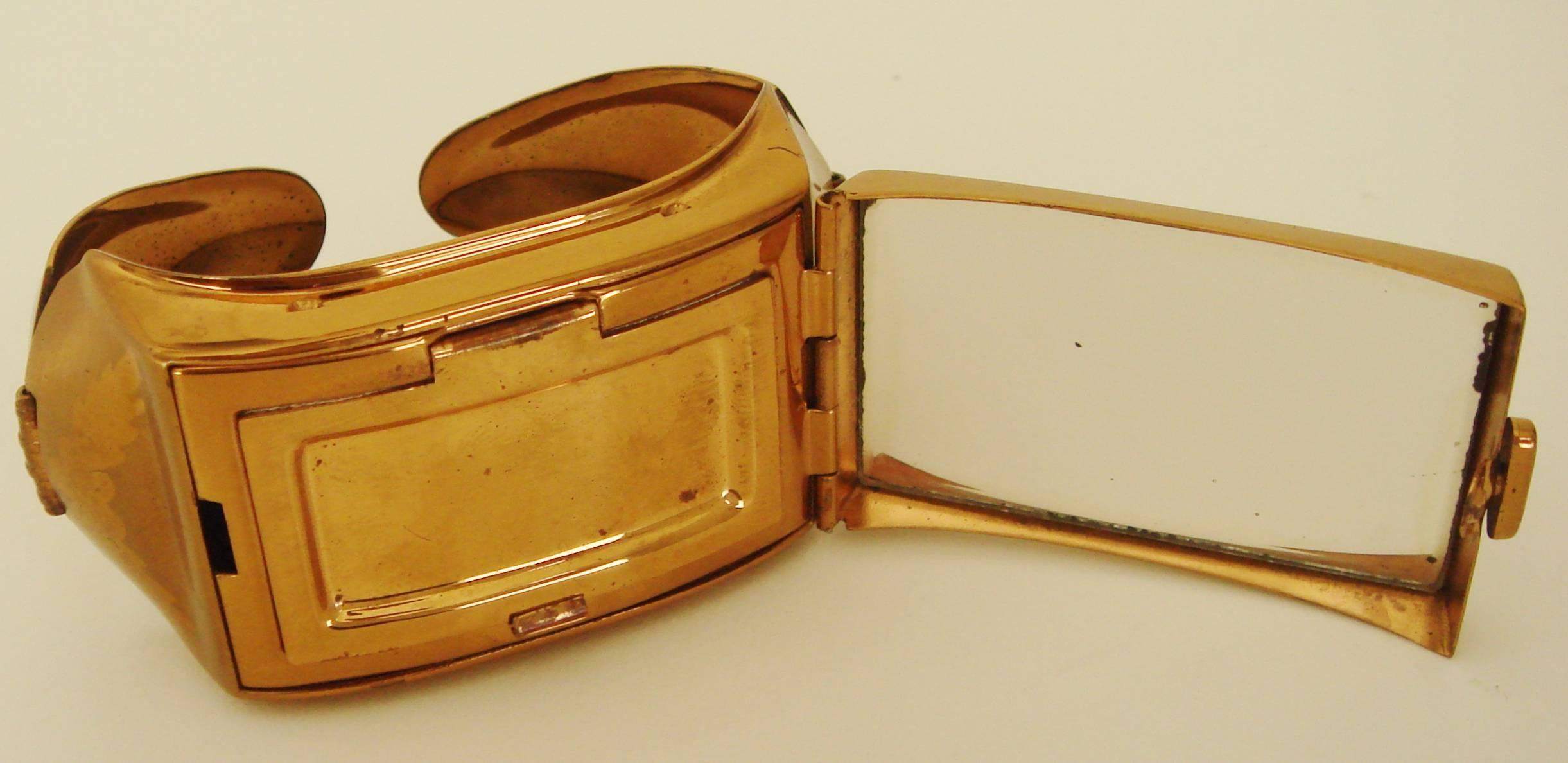 Rare American Art Deco Brass-Plated Geometric Compact Clamper Bracelet by K & K 1