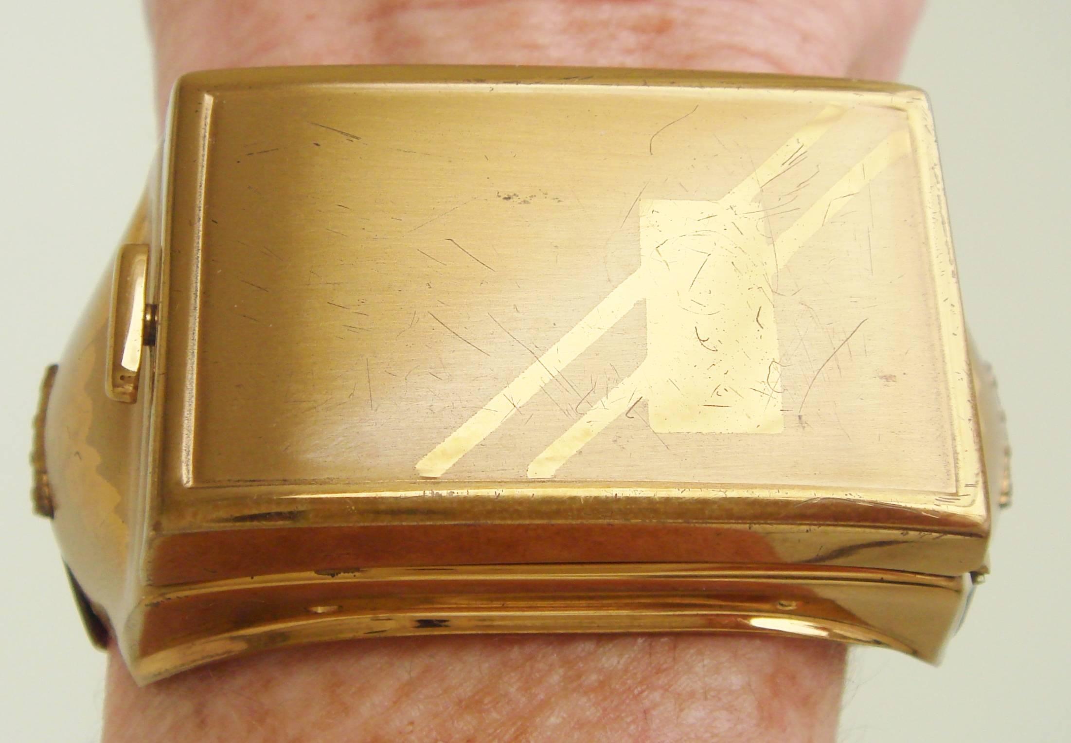 Brushed Rare American Art Deco Brass-Plated Geometric Compact Clamper Bracelet by K & K