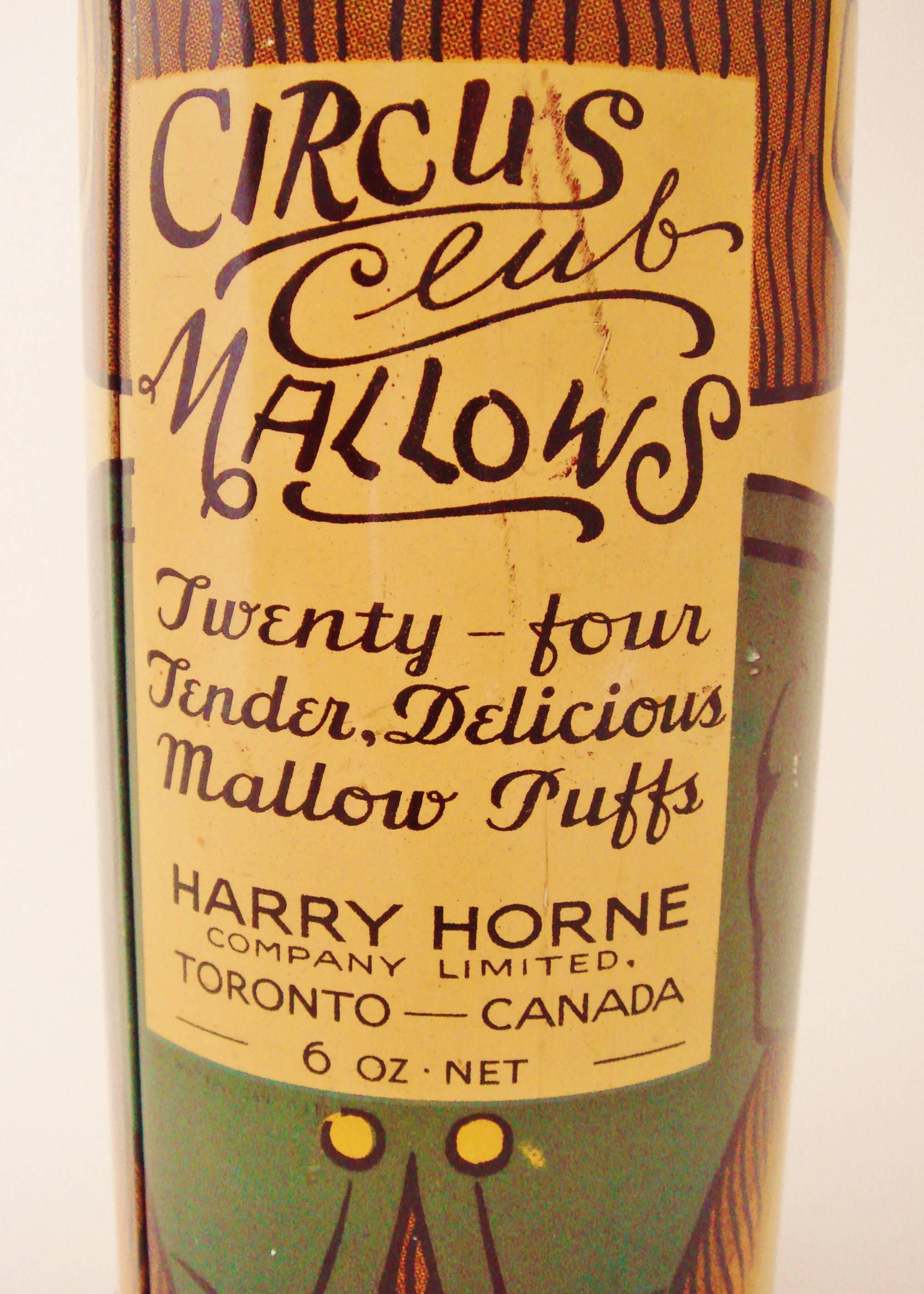 Polychromed Iconic Canadian Art Deco Lithographed Harry Horne Circus Club Marshmallow Tin