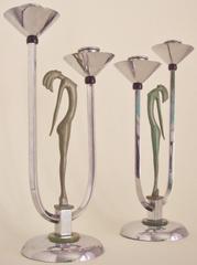 Pair of English Art Deco Chrome, Painted Metal and Bakelite Twin Candleholders