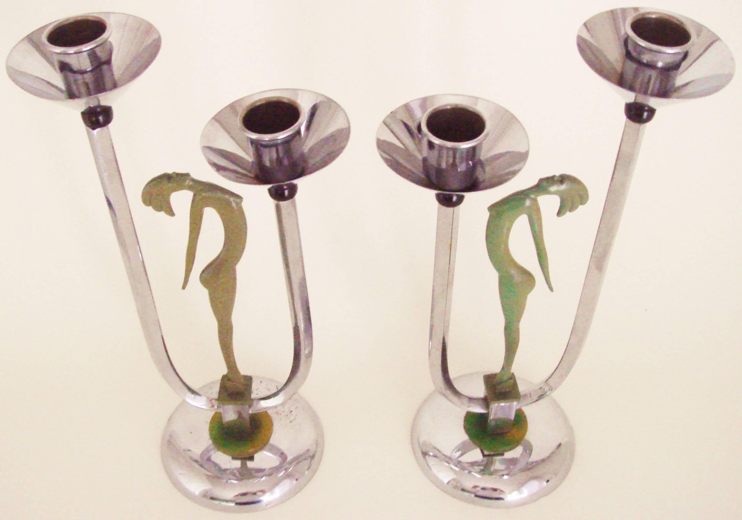 Pair of English Art Deco Chrome, Painted Metal and Bakelite Twin Candleholders 1