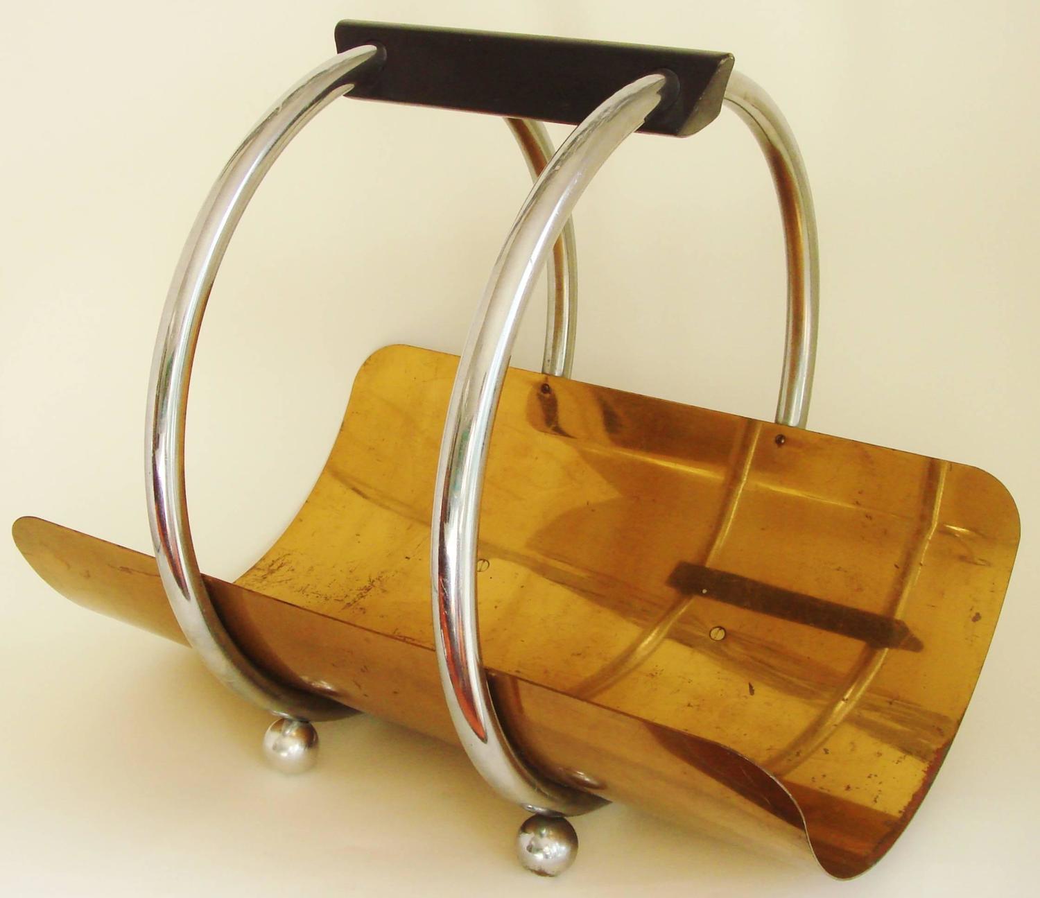 American Art Deco Chrome, Bronze and Wood Log Holder/Magazine Rack by