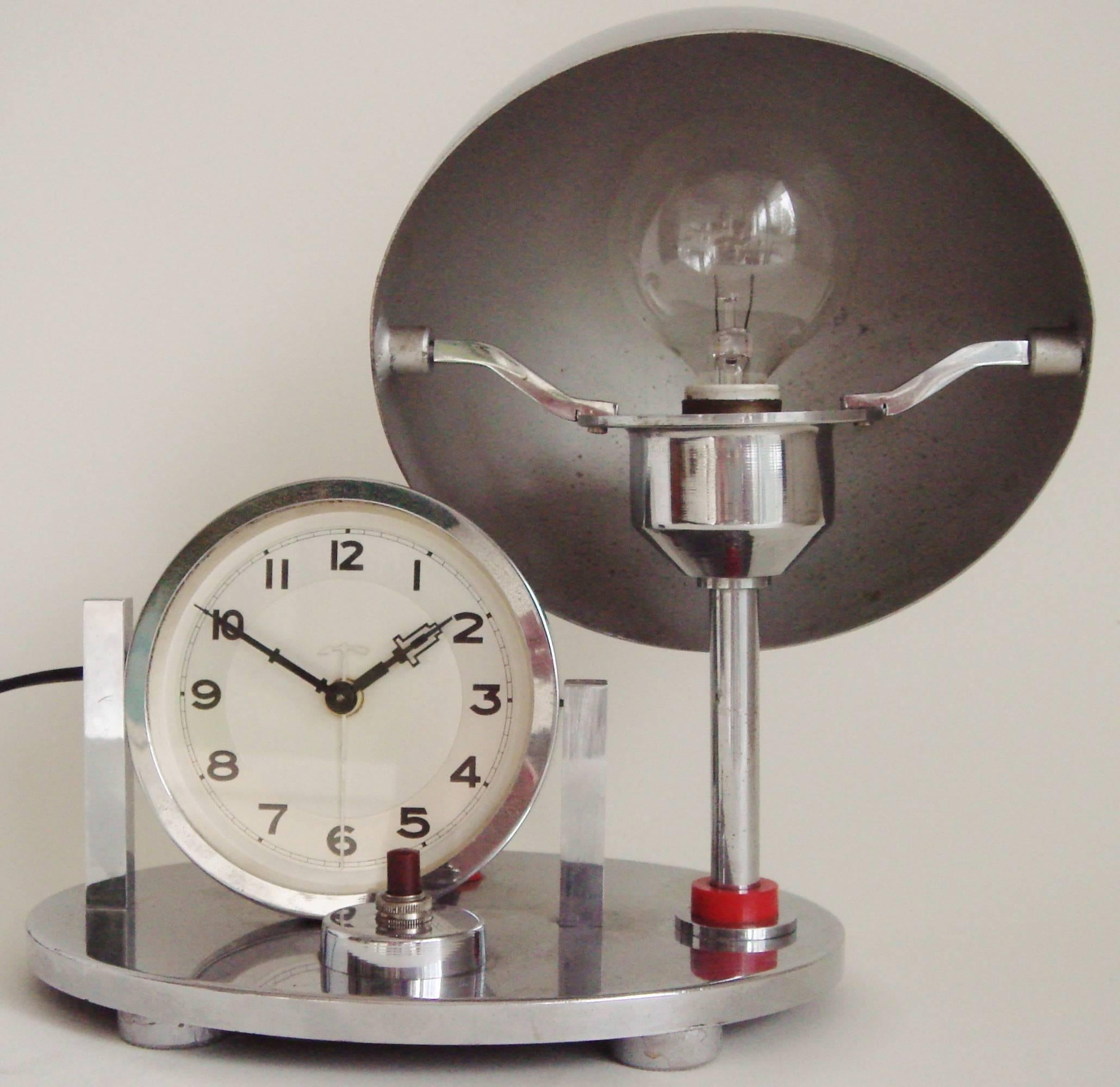 Molded German Art Deco Chrome & Red Galalith Mechanical Alarm Clock & Adjustable Lamp