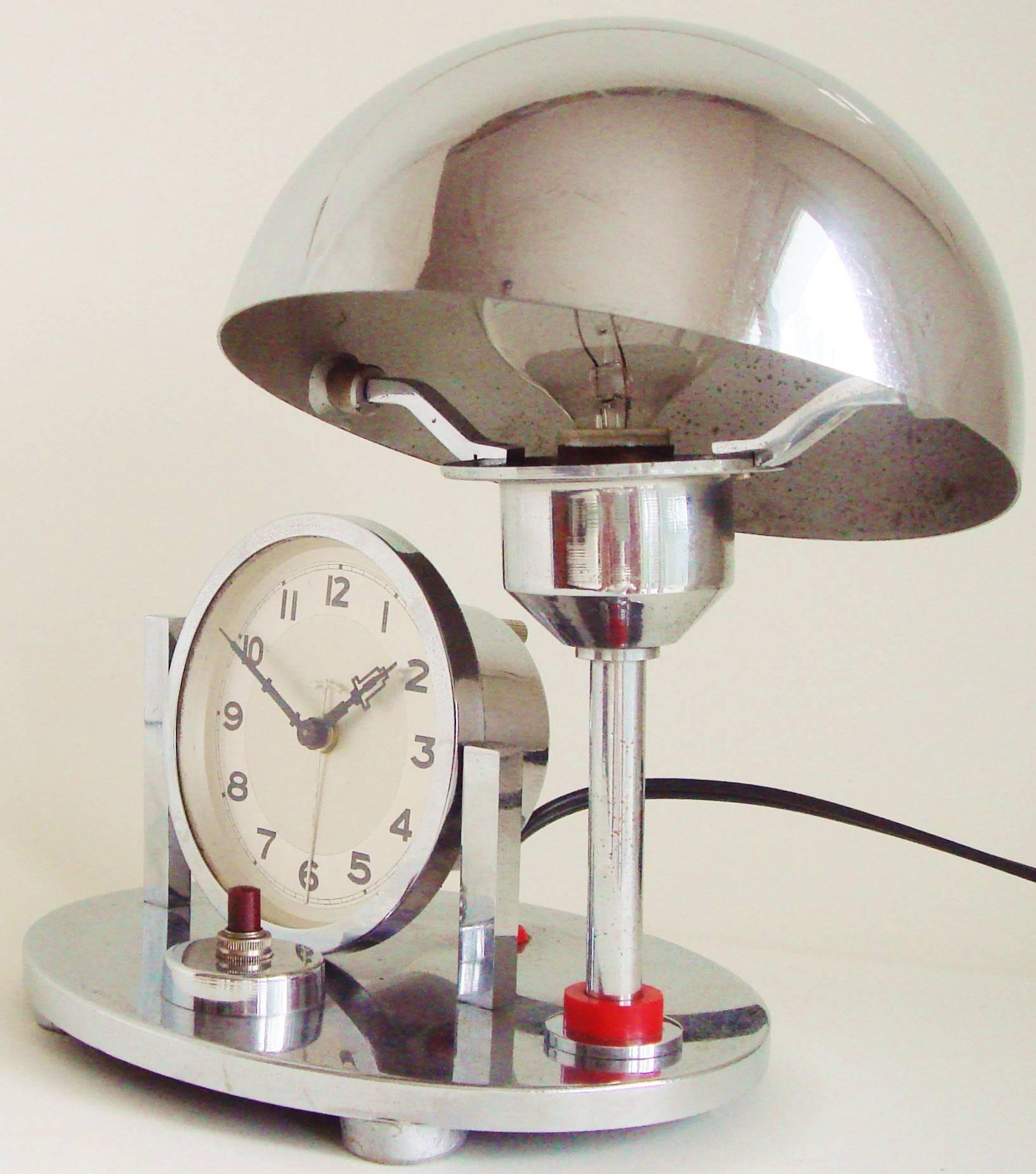 Mid-20th Century German Art Deco Chrome & Red Galalith Mechanical Alarm Clock & Adjustable Lamp