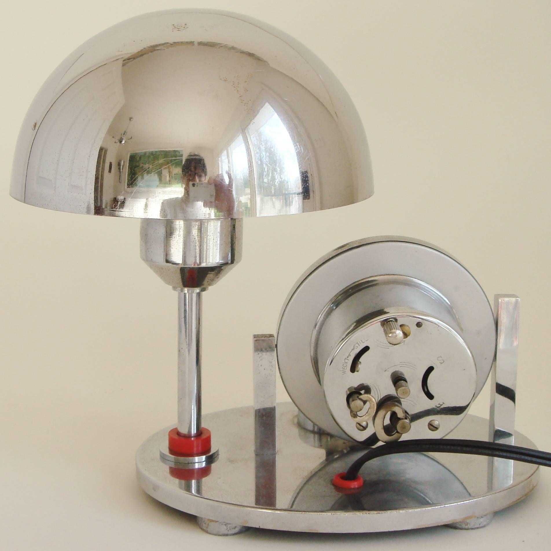 German Art Deco Chrome & Red Galalith Mechanical Alarm Clock & Adjustable Lamp 1