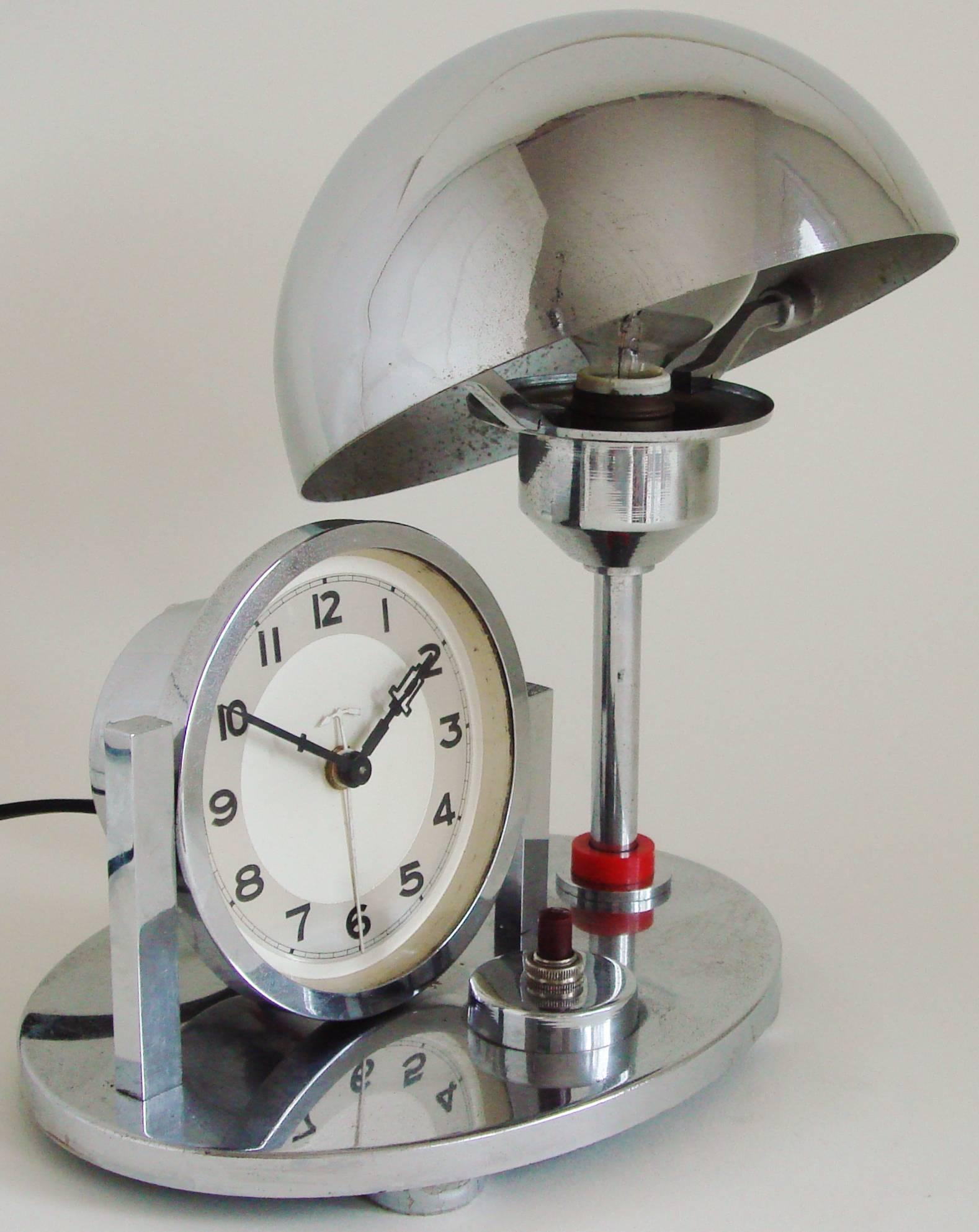 German Art Deco Chrome & Red Galalith Mechanical Alarm Clock & Adjustable Lamp 2