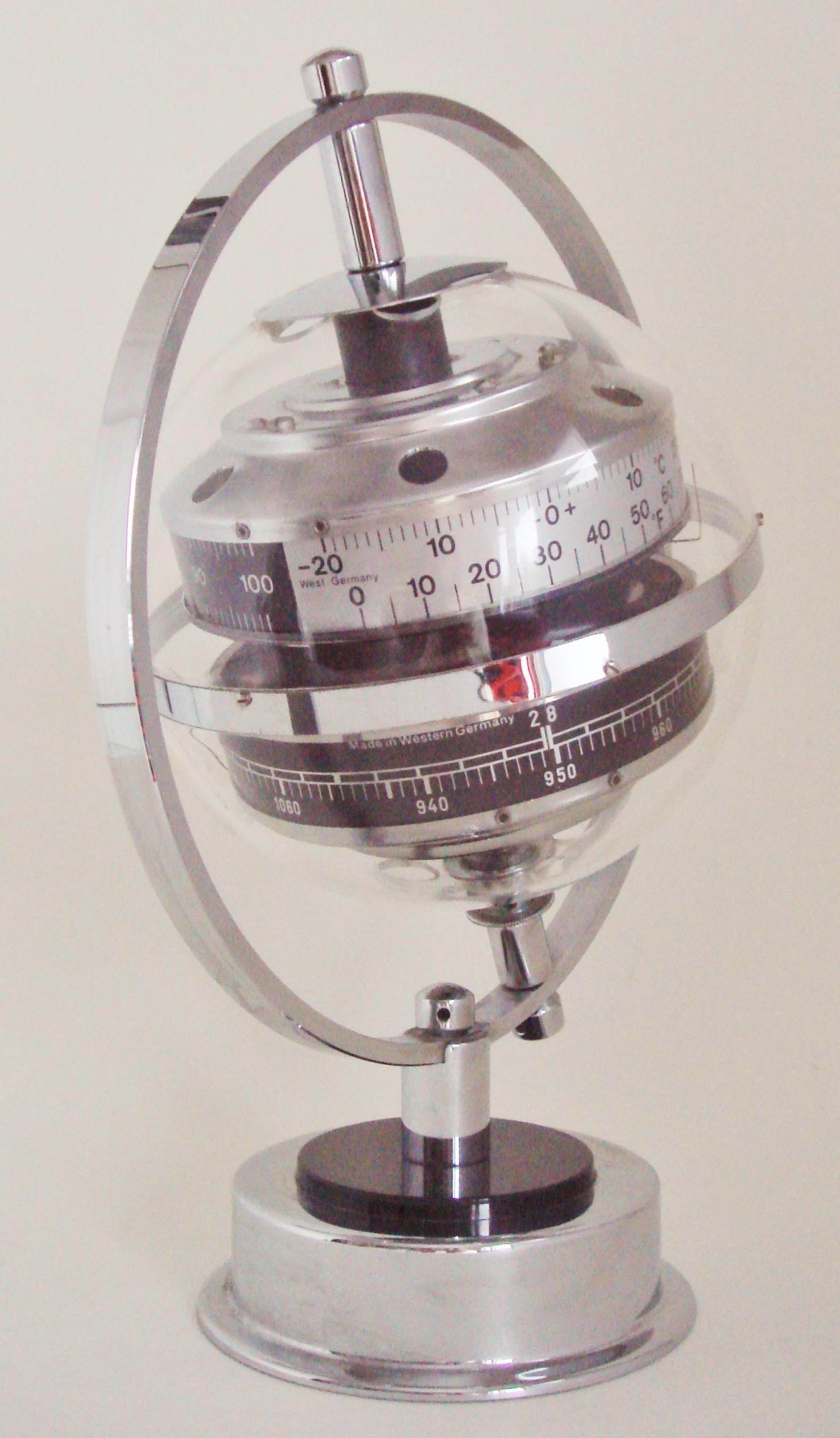 Molded West German Space Age Chrome and Lucite Planet Desktop Weather Station by Huber