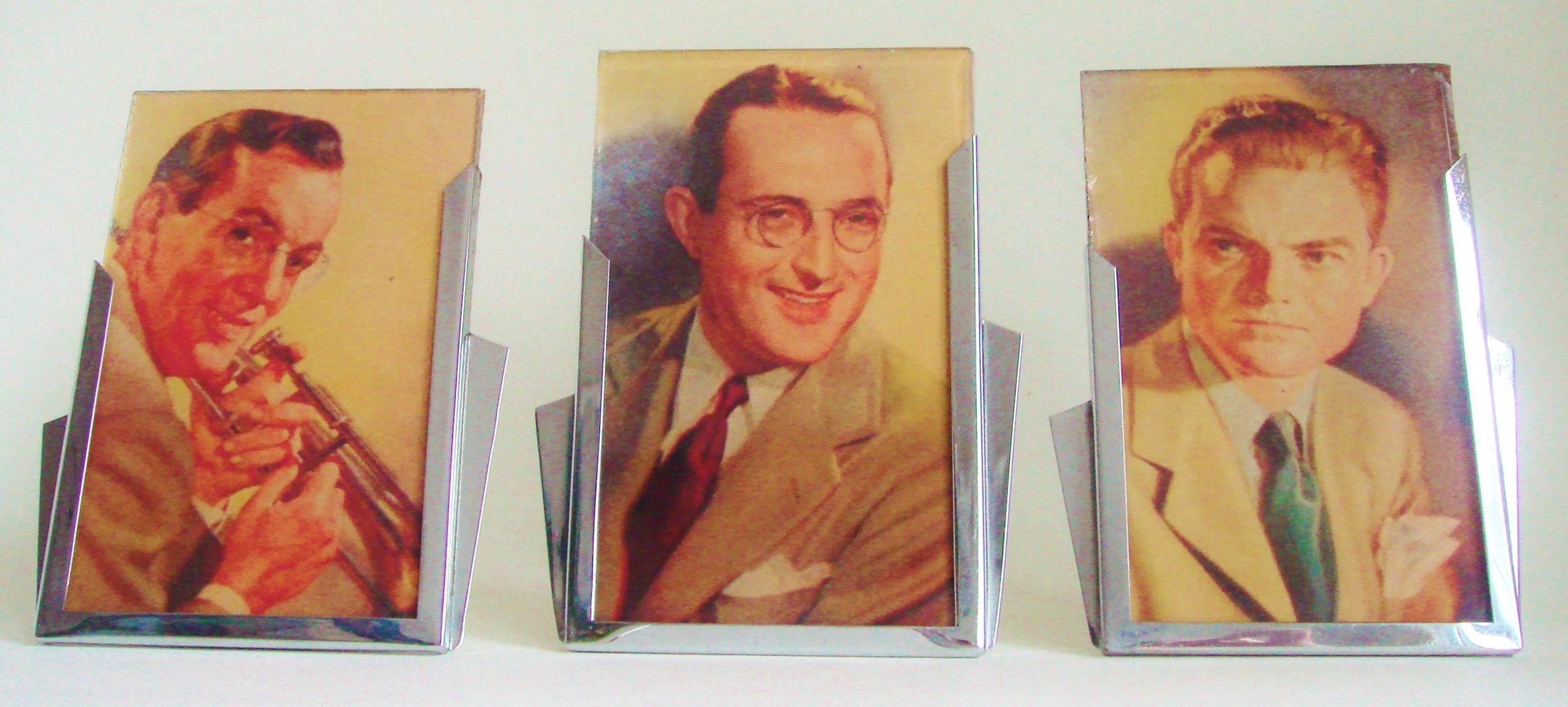 This set of three matching English Art Deco chrome desk frames each feature asymmetrical sun-rays on either side. They all have good original chrome, each has a picture area of 5.5
