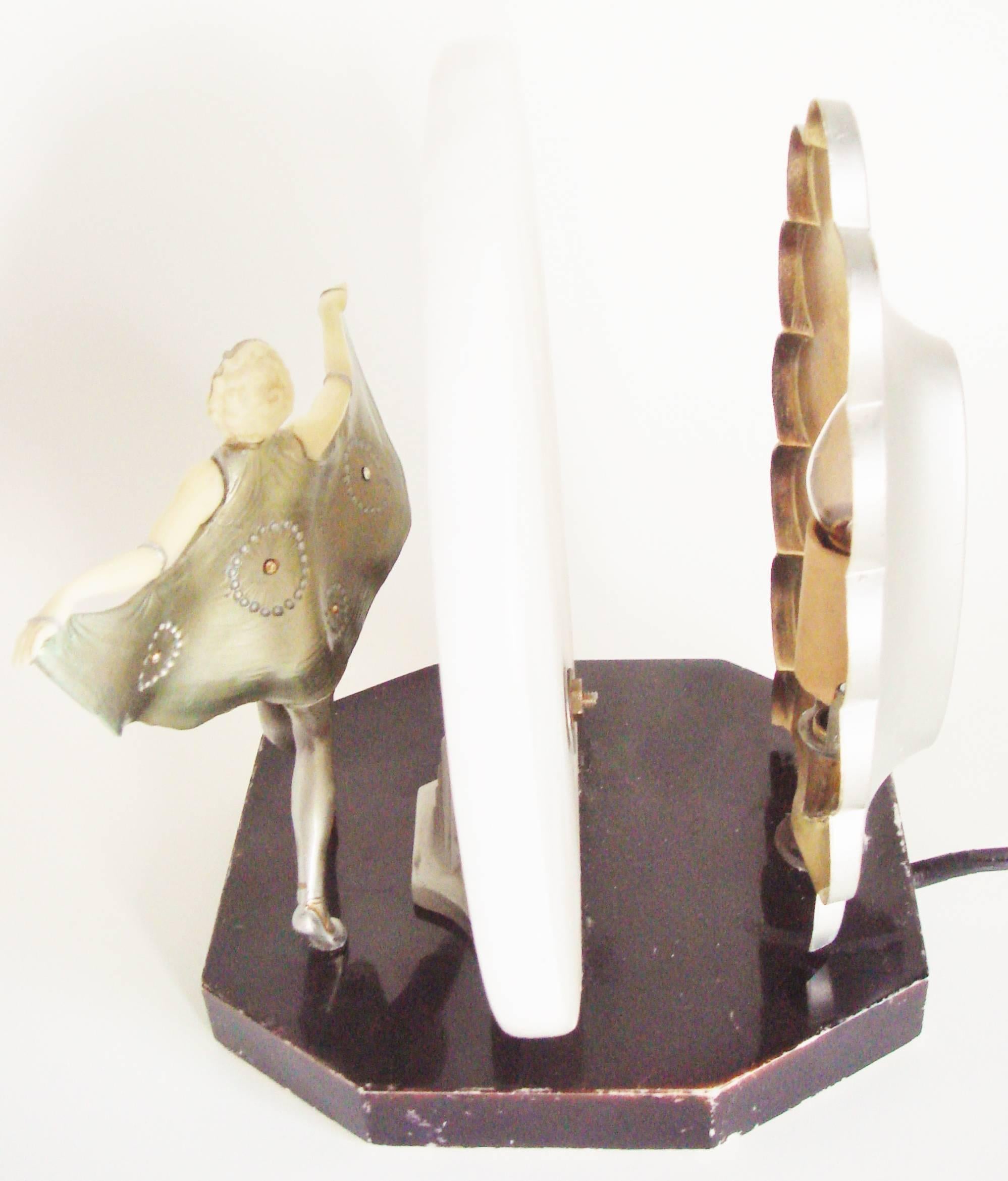 French Art Deco Gerdago Cold Painted Figural Accent Lamp with Alabaster