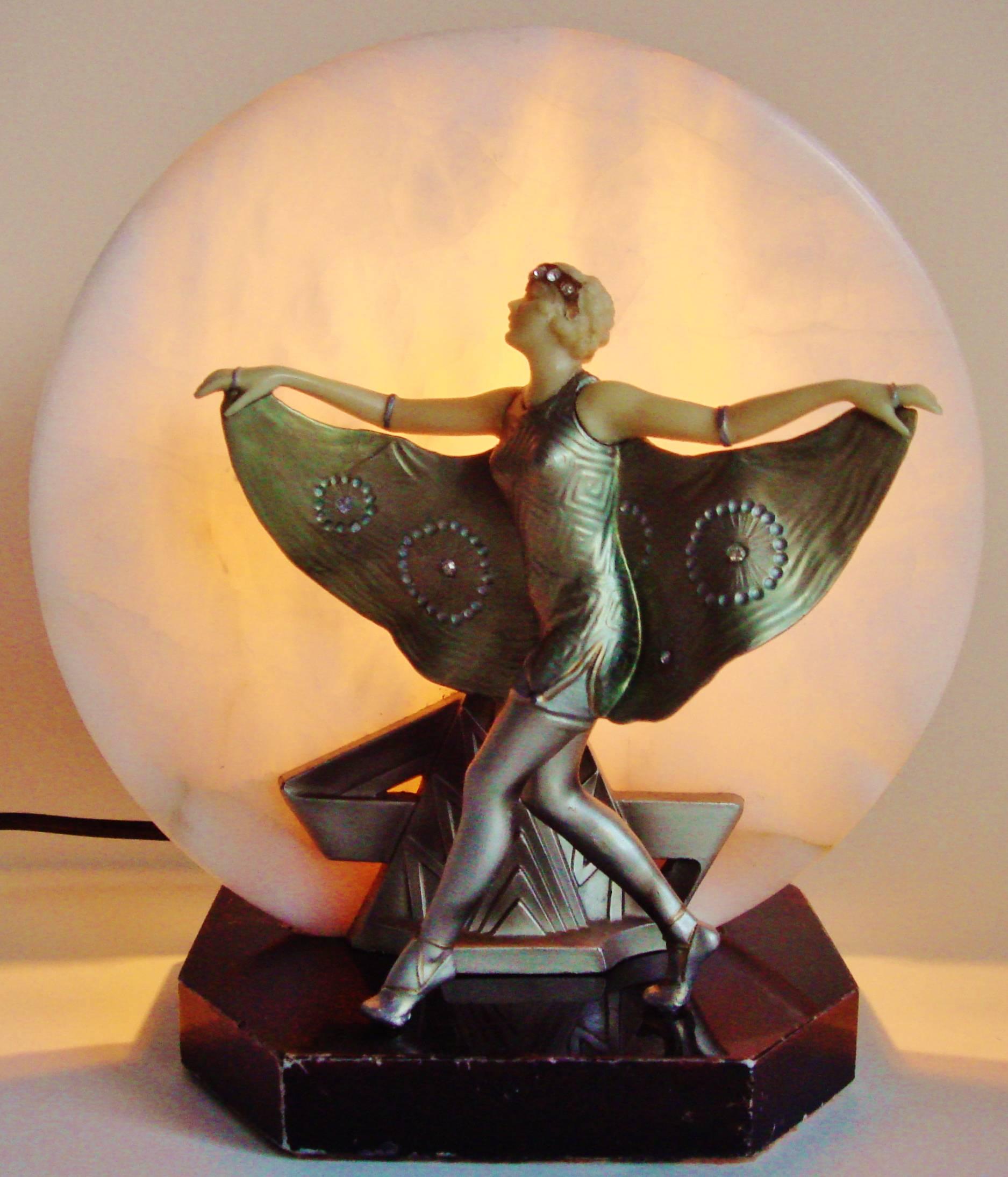 Early 20th Century French Art Deco Gerdago Cold Painted Figural Accent Lamp with Alabaster Shade
