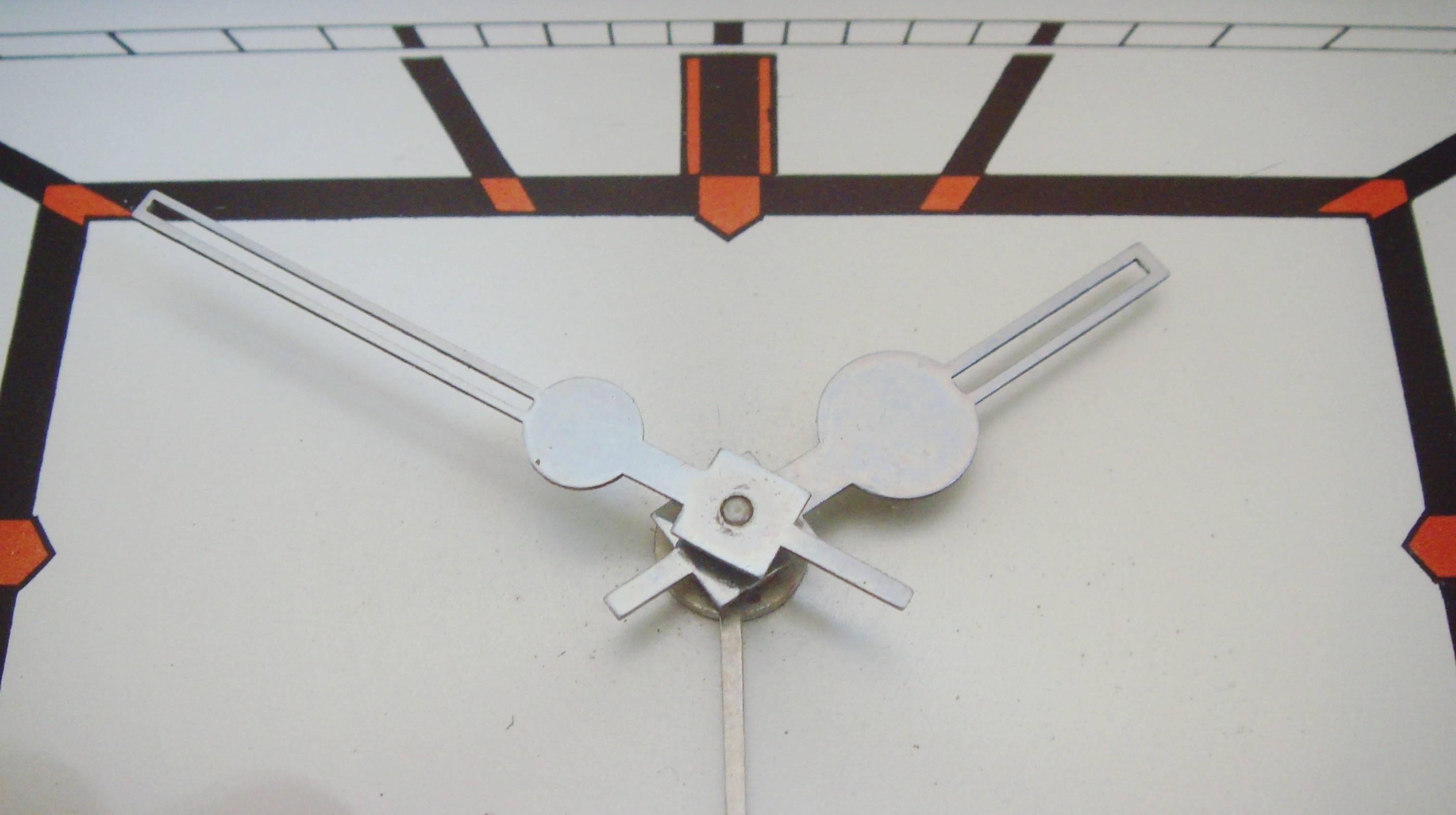 Plated Italian Art Deco Chrome Mechanical Alarm Clock with Red & Black Geometric Detail