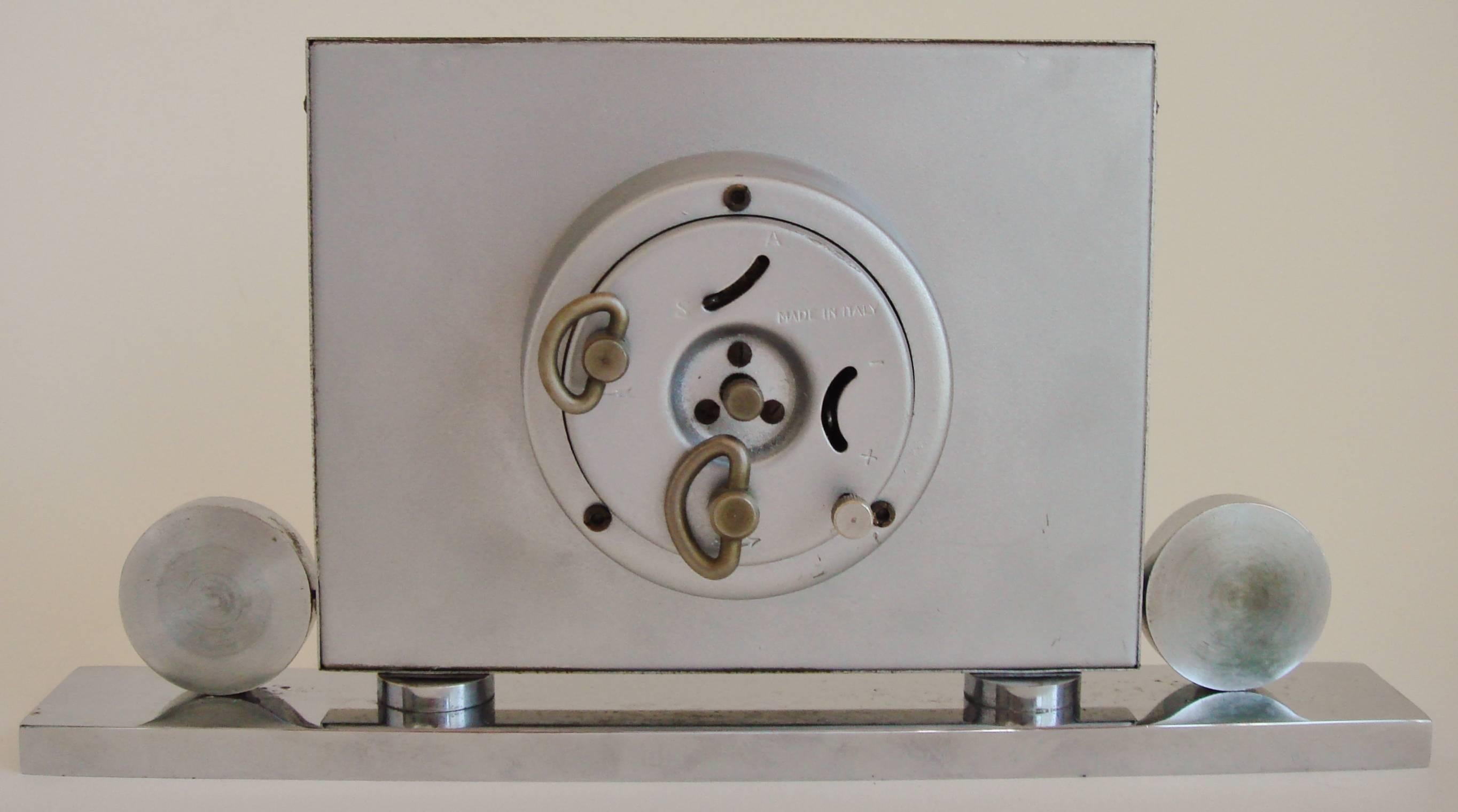 Mid-20th Century Italian Art Deco Chrome Mechanical Alarm Clock with Red & Black Geometric Detail