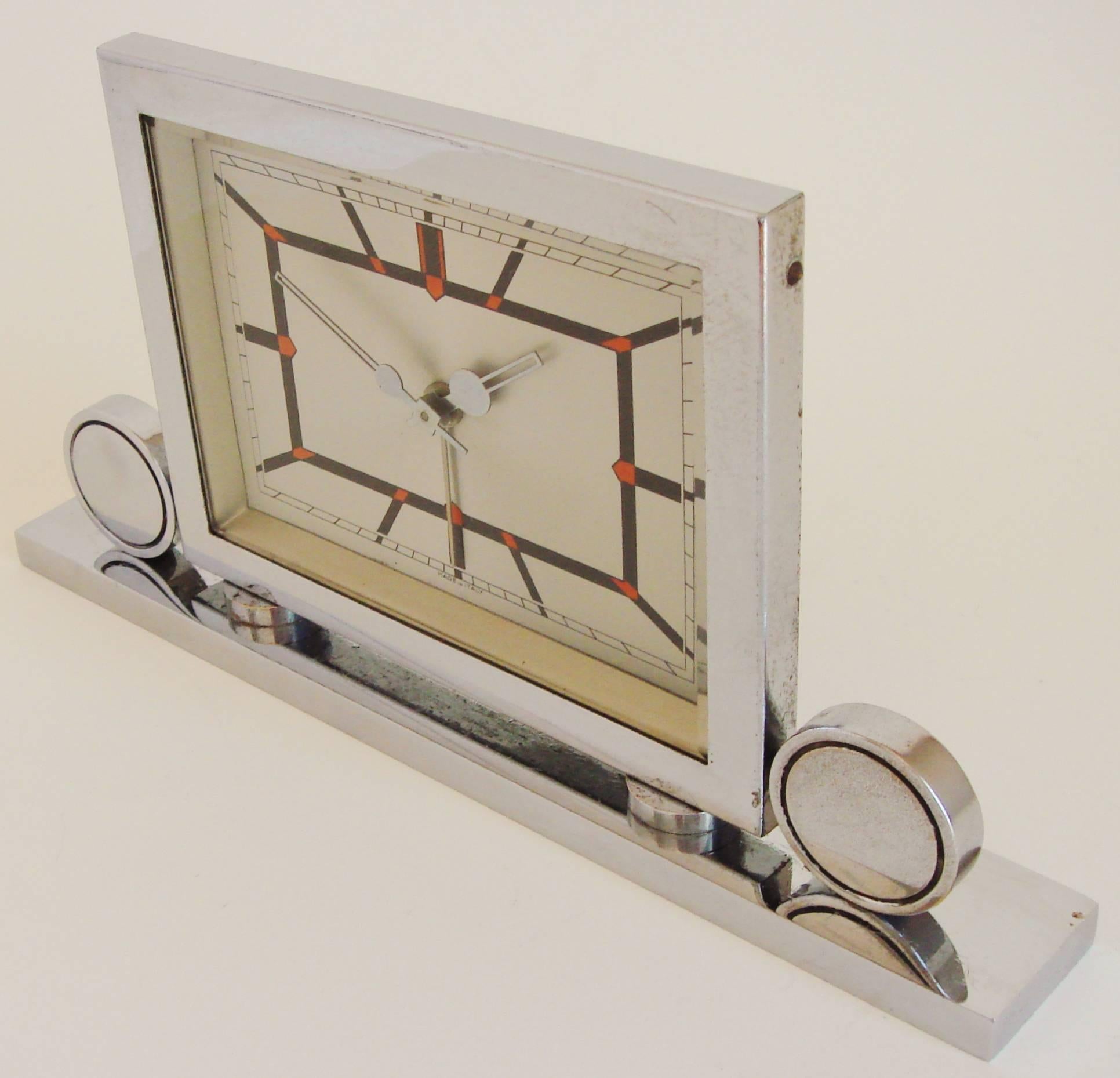 Italian Art Deco Chrome Mechanical Alarm Clock with Red & Black Geometric Detail 2