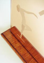 English Art Deco Wood & Peach Mirror Mantel Clock with Etched Nude & Numerals