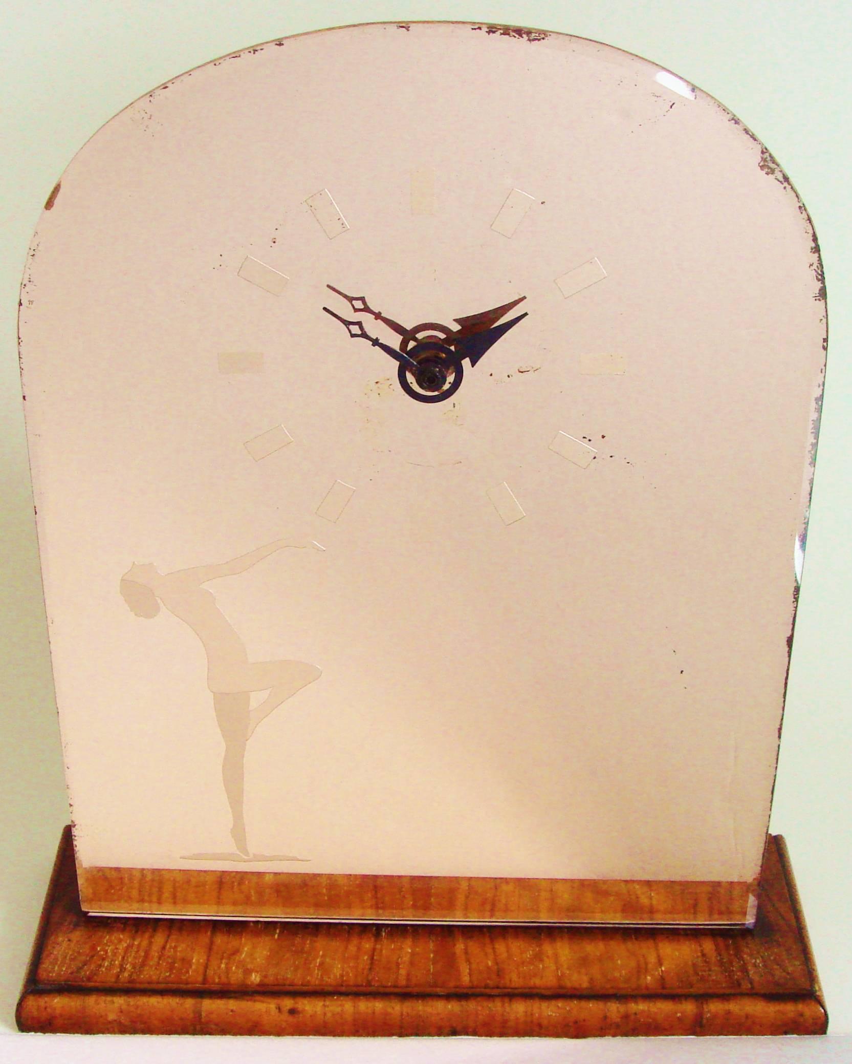 Mid-20th Century English Art Deco Wood & Peach Mirror Mantel Clock with Etched Nude & Numerals For Sale