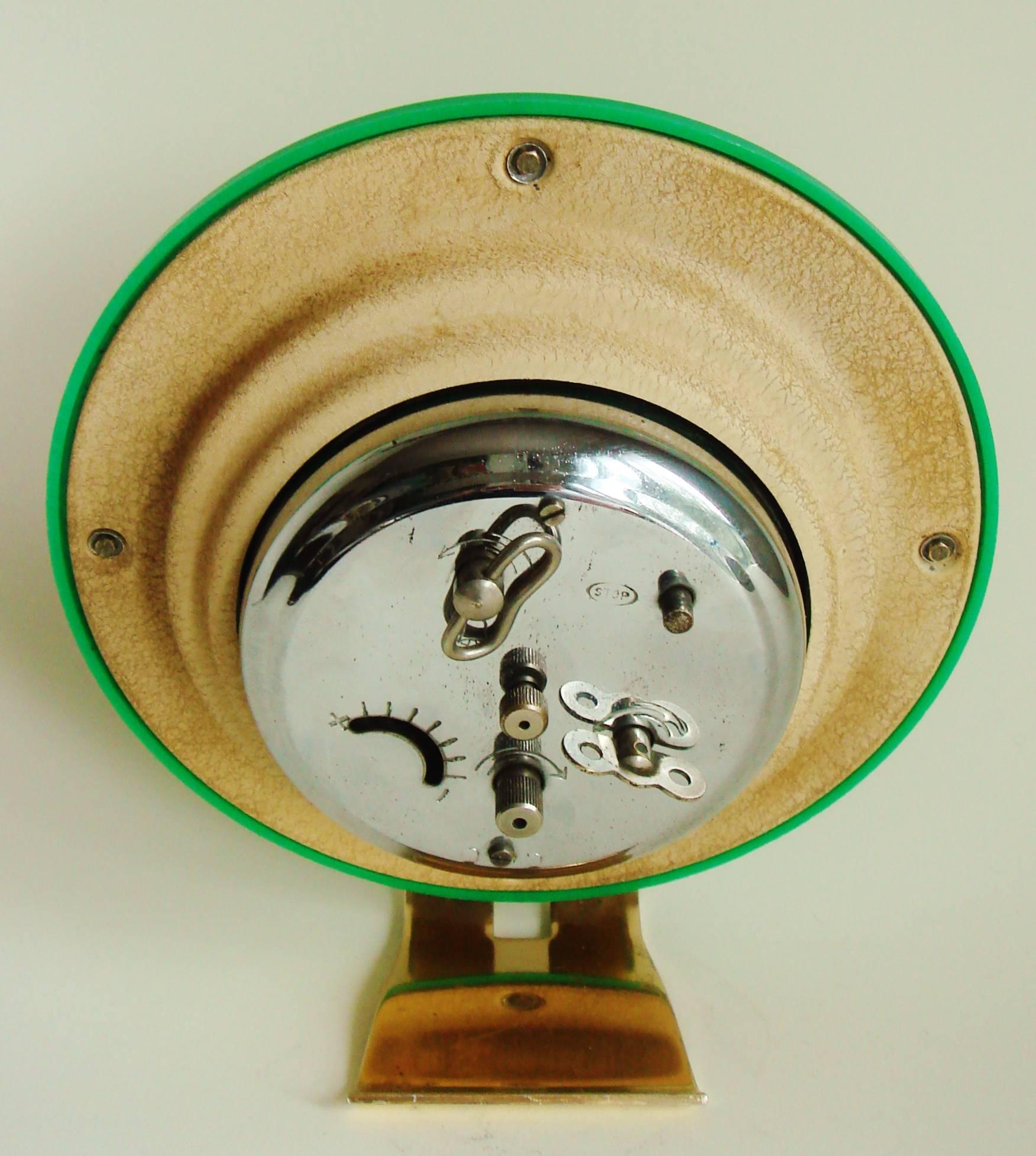 Aluminum Stunning French Art Deco Green Lucite, Aluminium & Brass Mechanical Alarm Clock
