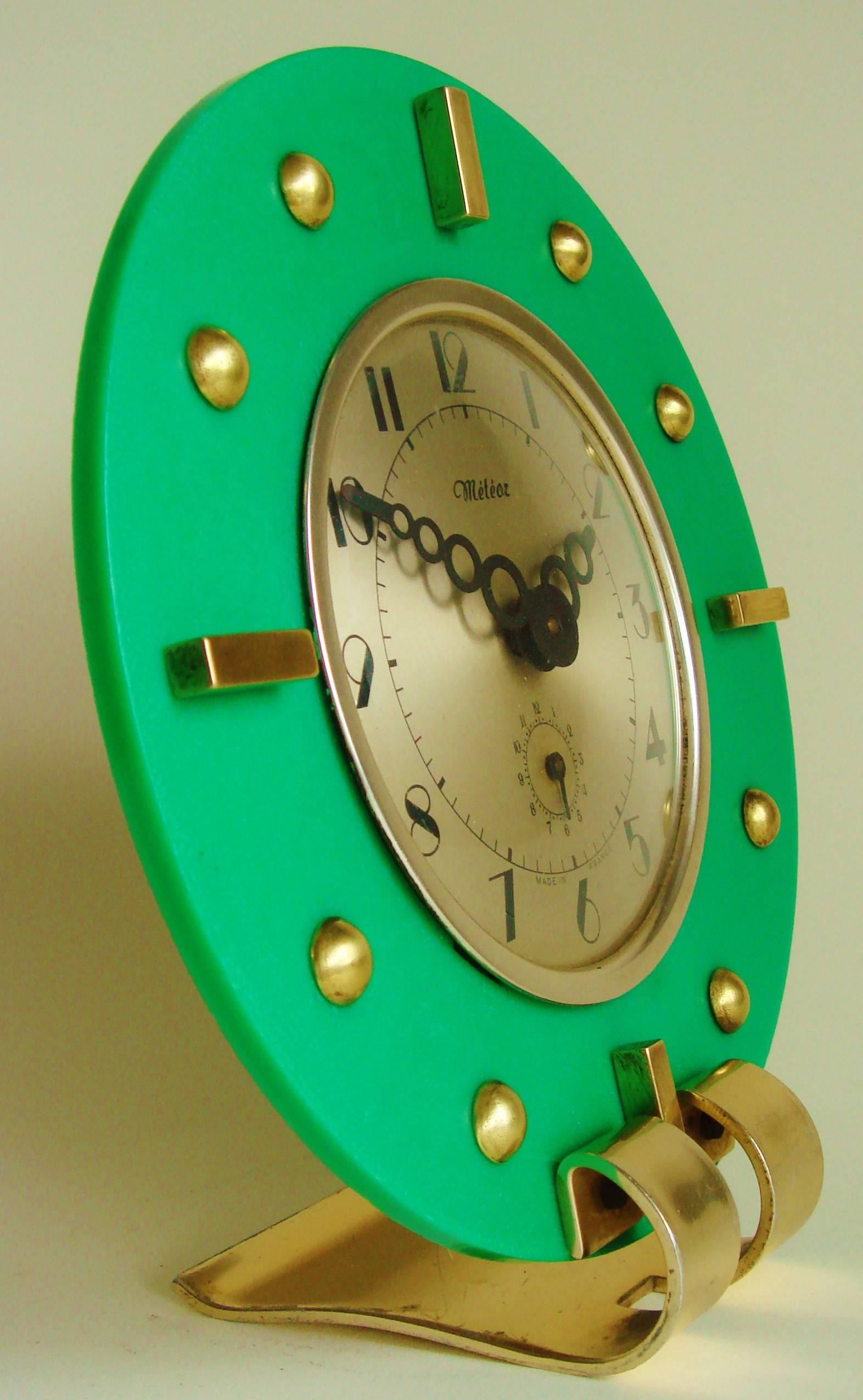 Stunning French Art Deco Green Lucite, Aluminium & Brass Mechanical Alarm Clock 1