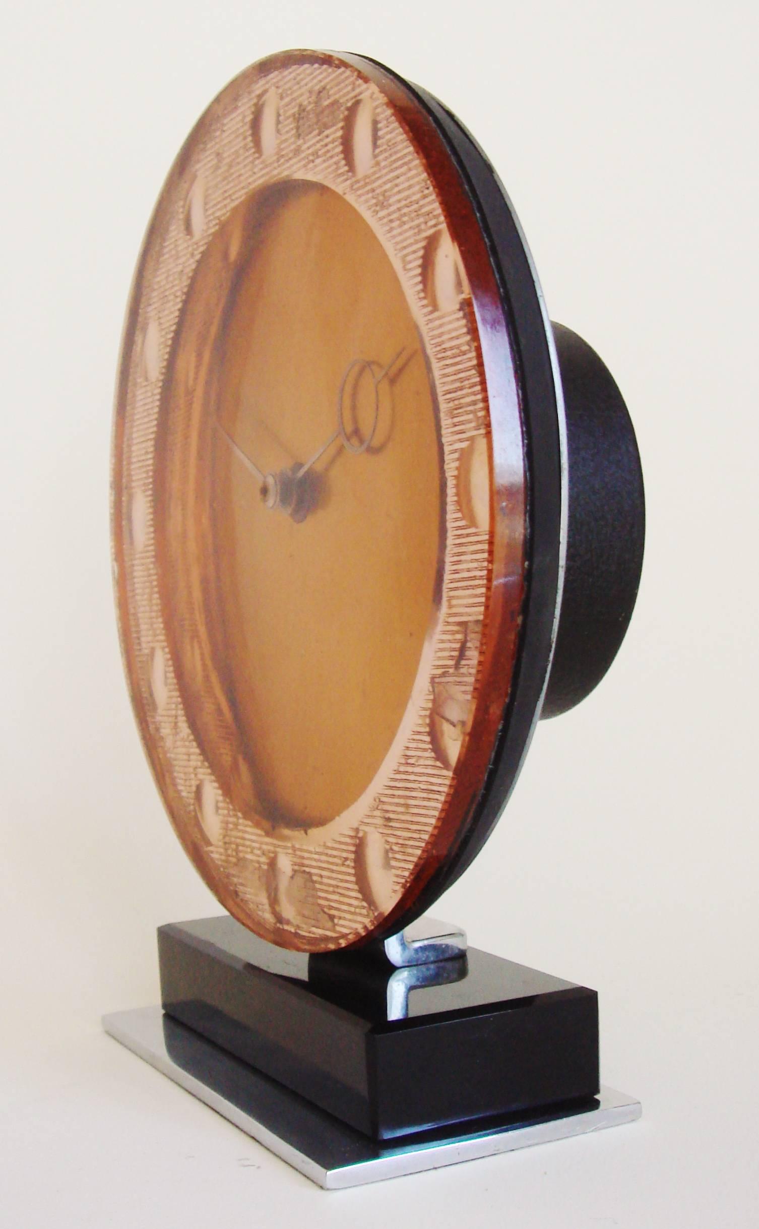 Beveled English Art Deco Peach Mirror, Chrome, Copper & Vitrolite Mechanical Table Clock For Sale