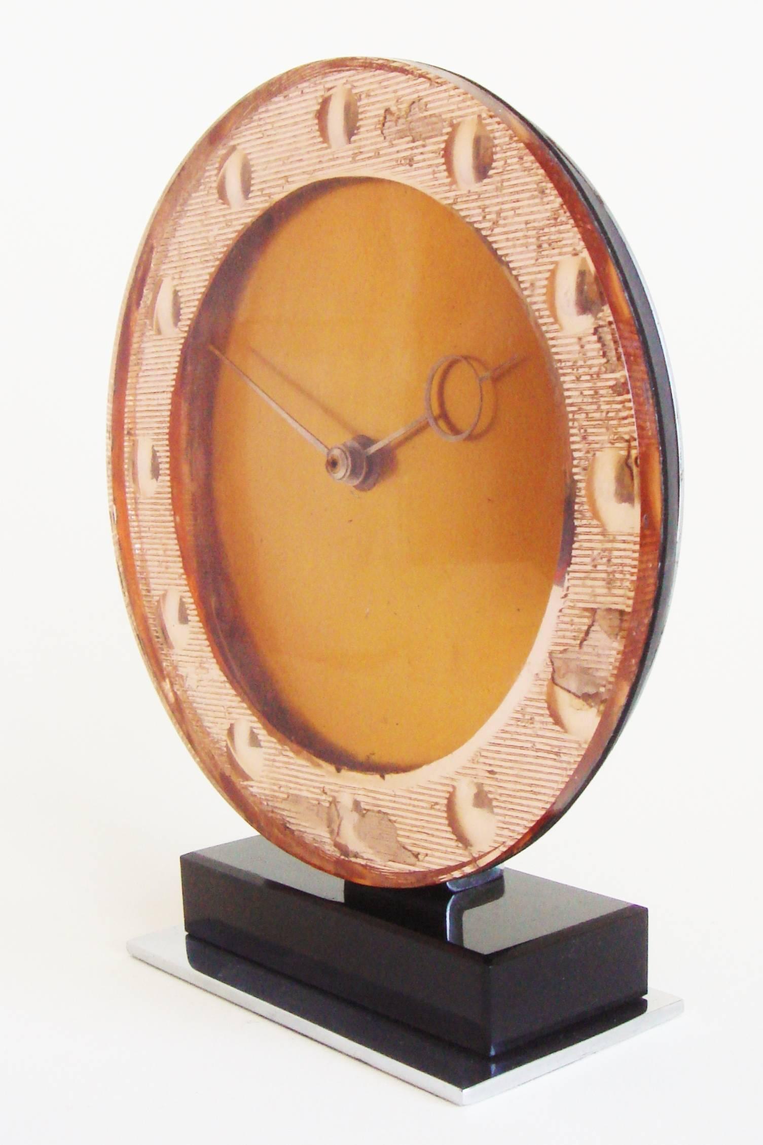 English Art Deco Peach Mirror, Chrome, Copper & Vitrolite Mechanical Table Clock For Sale 3