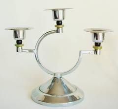 Pair of English Art Deco Chrome and Bakelite Asymmetrical Triple Candleholders