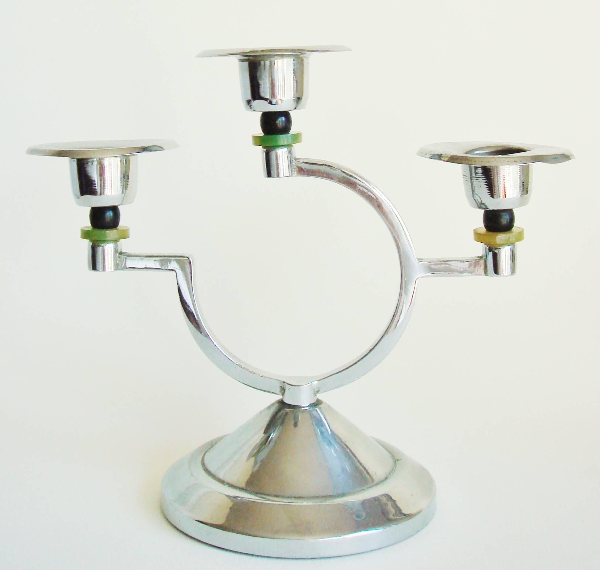 Molded Pair of English Art Deco Chrome and Bakelite Asymmetrical Triple Candleholders For Sale
