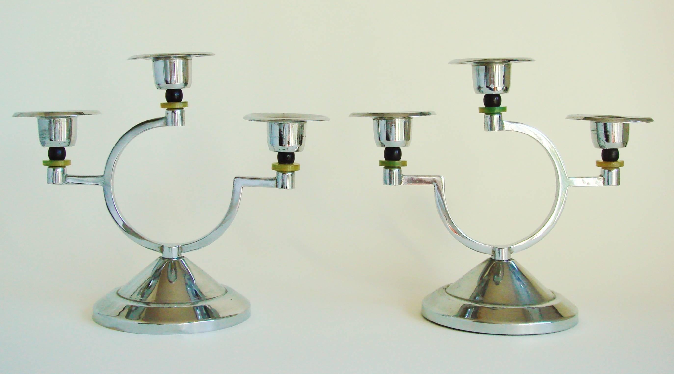 Pair of English Art Deco Chrome and Bakelite Asymmetrical Triple Candleholders For Sale 1