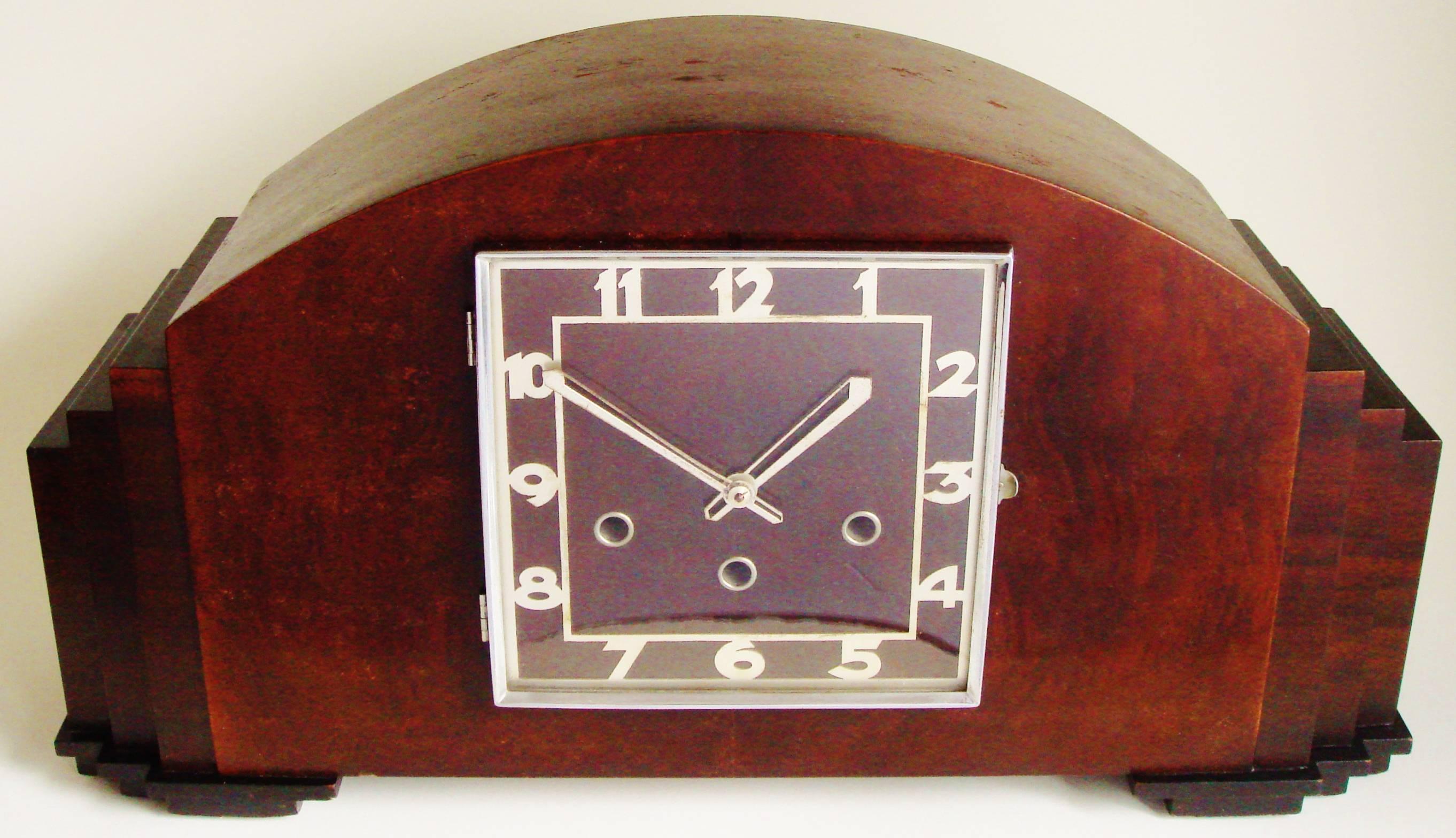 Monumental German Art Deco Mahogany and Black Westminster Chime Mantel Clock 1