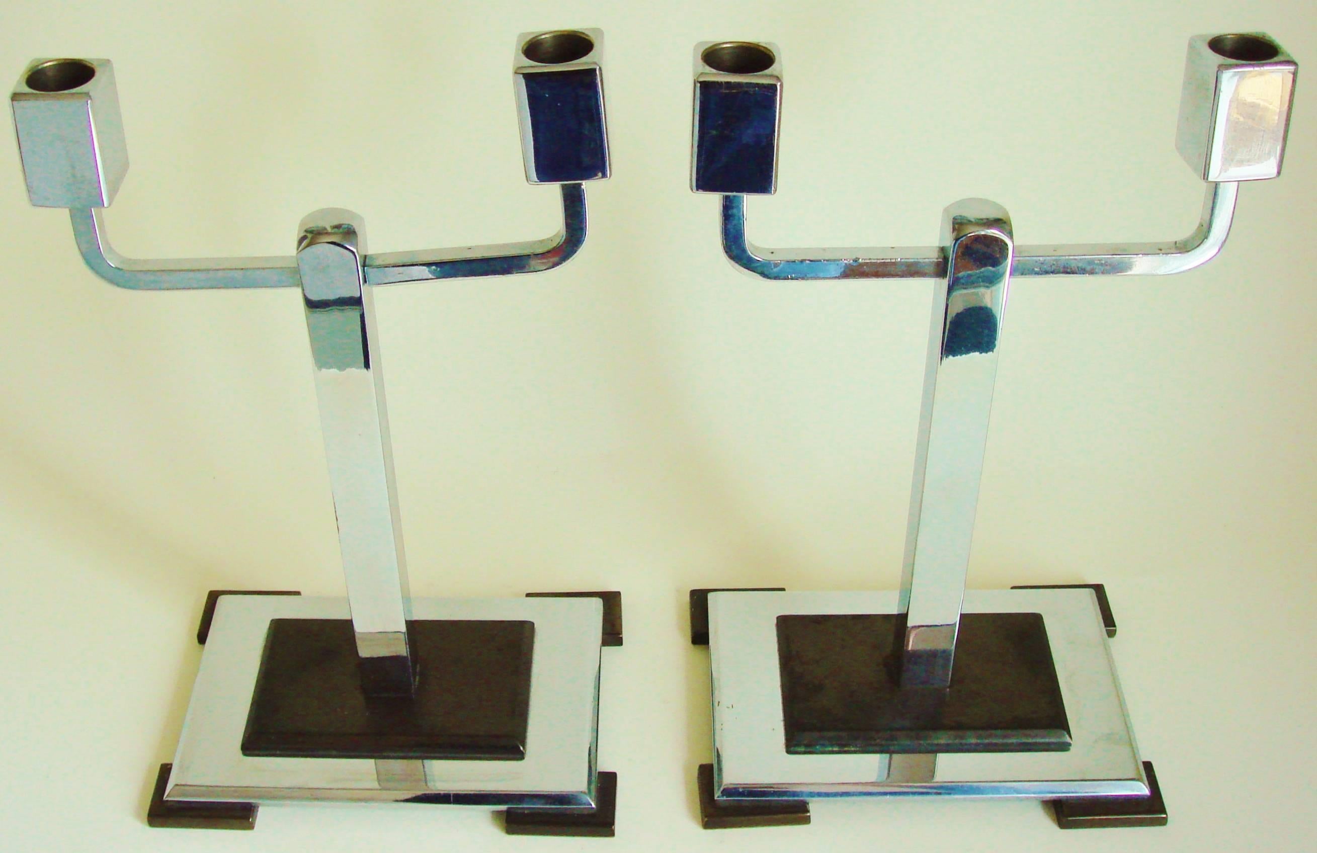 Pair of American Art Deco Chromed and Patinated Bronze Heavy Twin Candleholders 4