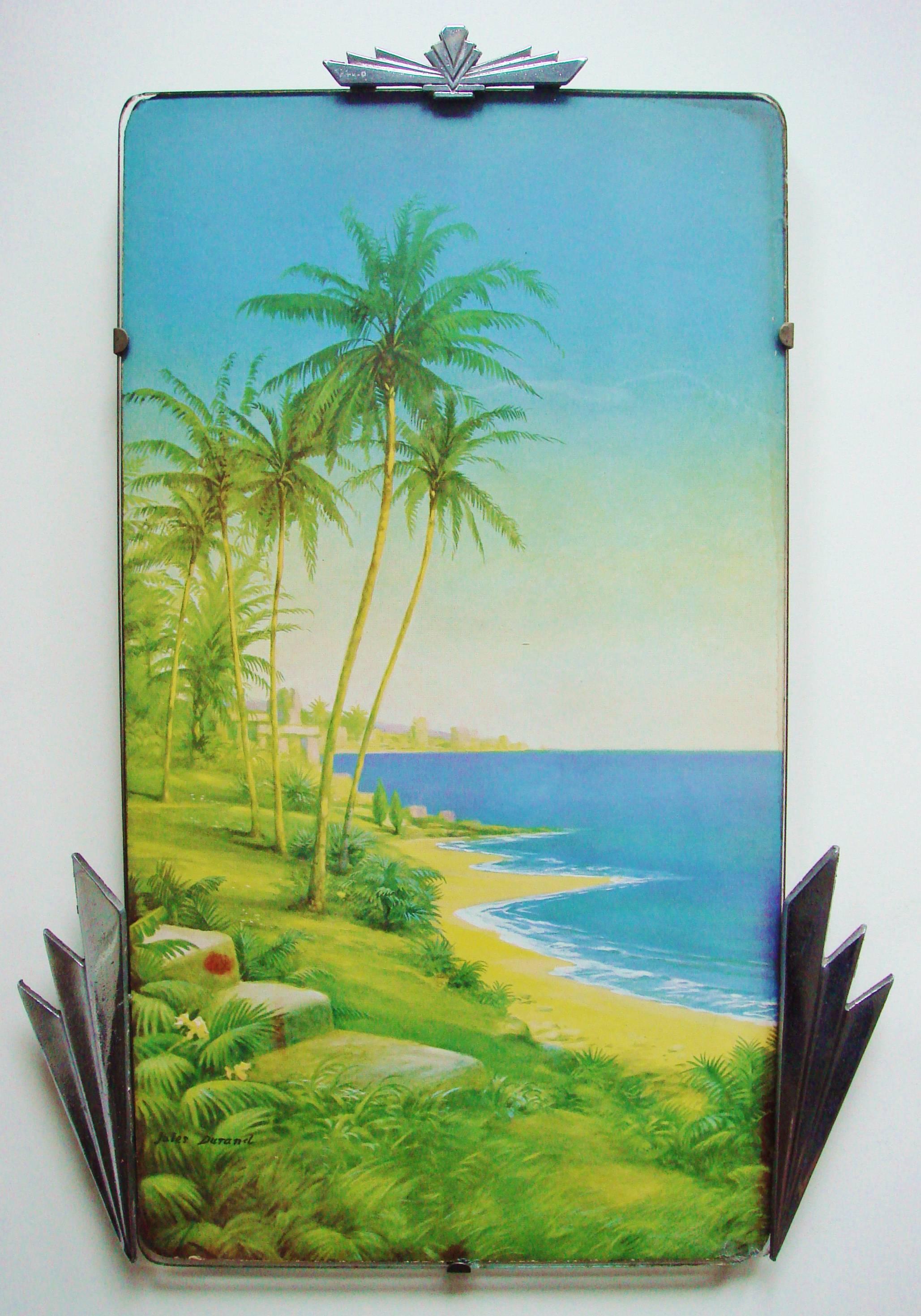 This fabulous large pair of English Art Deco sunray frames are complete with their original lithographs by French painter Jules Durand. Both feature scenes with his signature vibrantly coloured palm trees on sand and are printed on canvas/linen