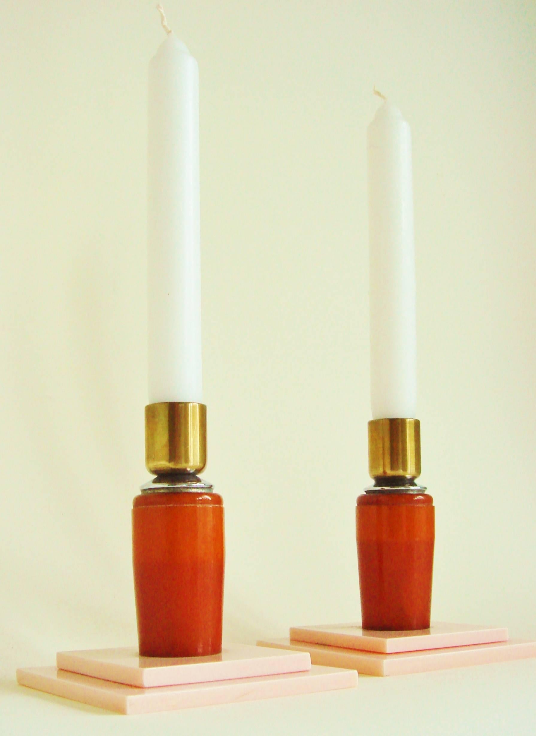 Pair of English Art Deco Chrome, Brass, Lucite & Two-Tone Bakelite Candlesticks 1