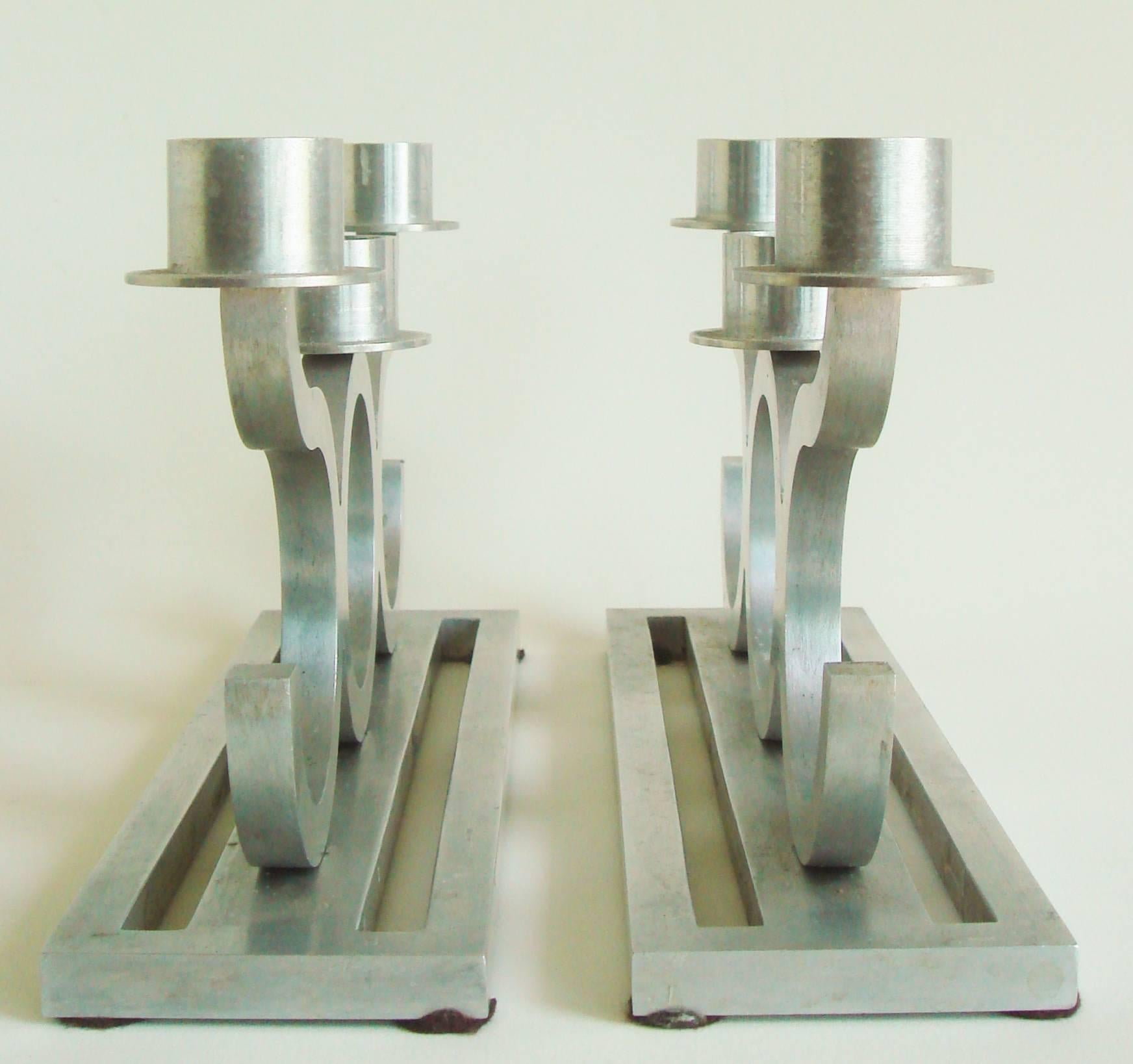 Mid-20th Century Pair of American Art Deco Bright & Brushed Aluminum Inline Triple Candleholders For Sale