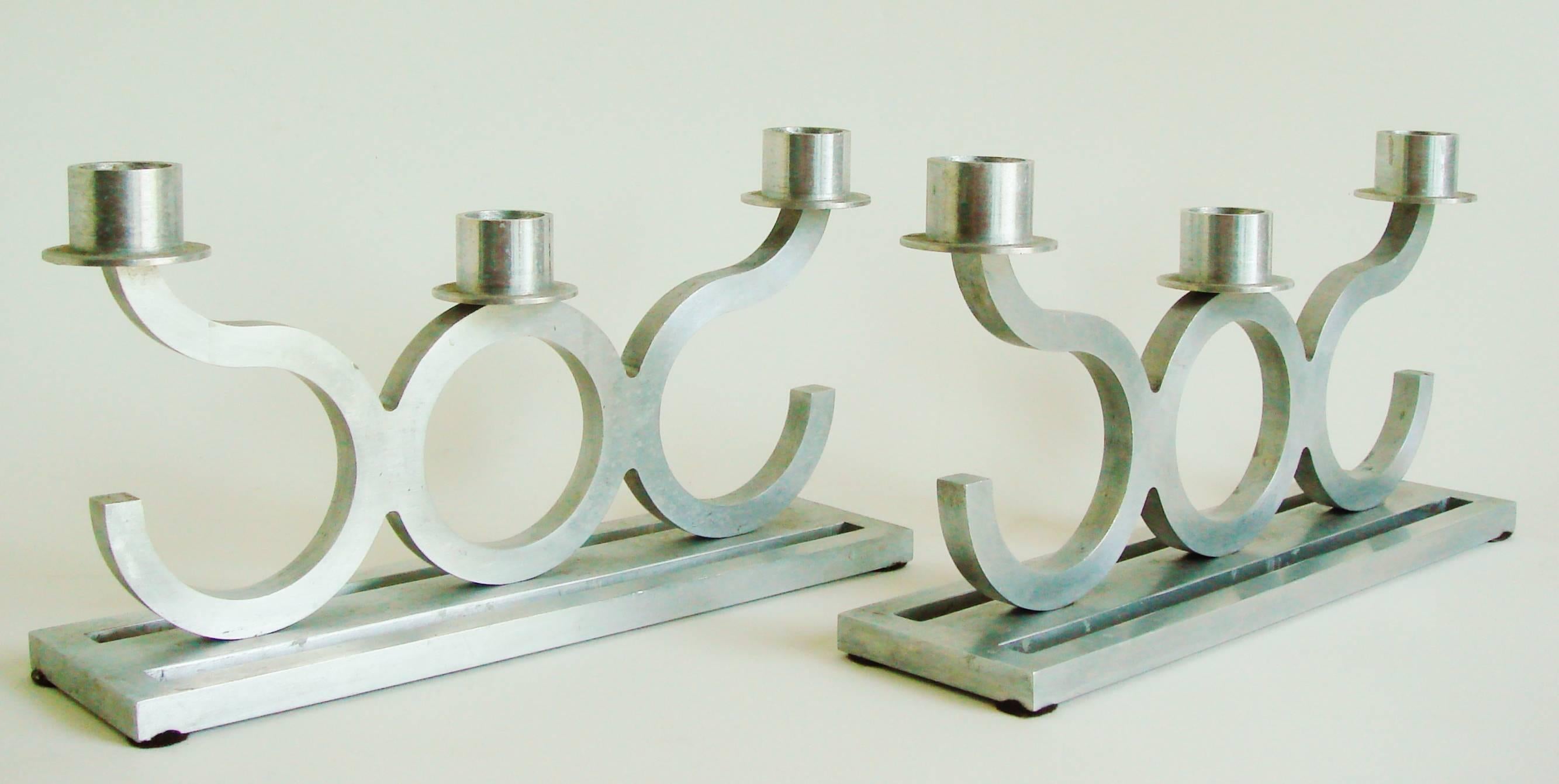 Pair of American Art Deco Bright & Brushed Aluminum Inline Triple Candleholders For Sale 1