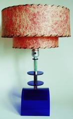 American Mid-Century Cobalt Lucite & Chrome Table Lamp with Red Two-Tiered Shade