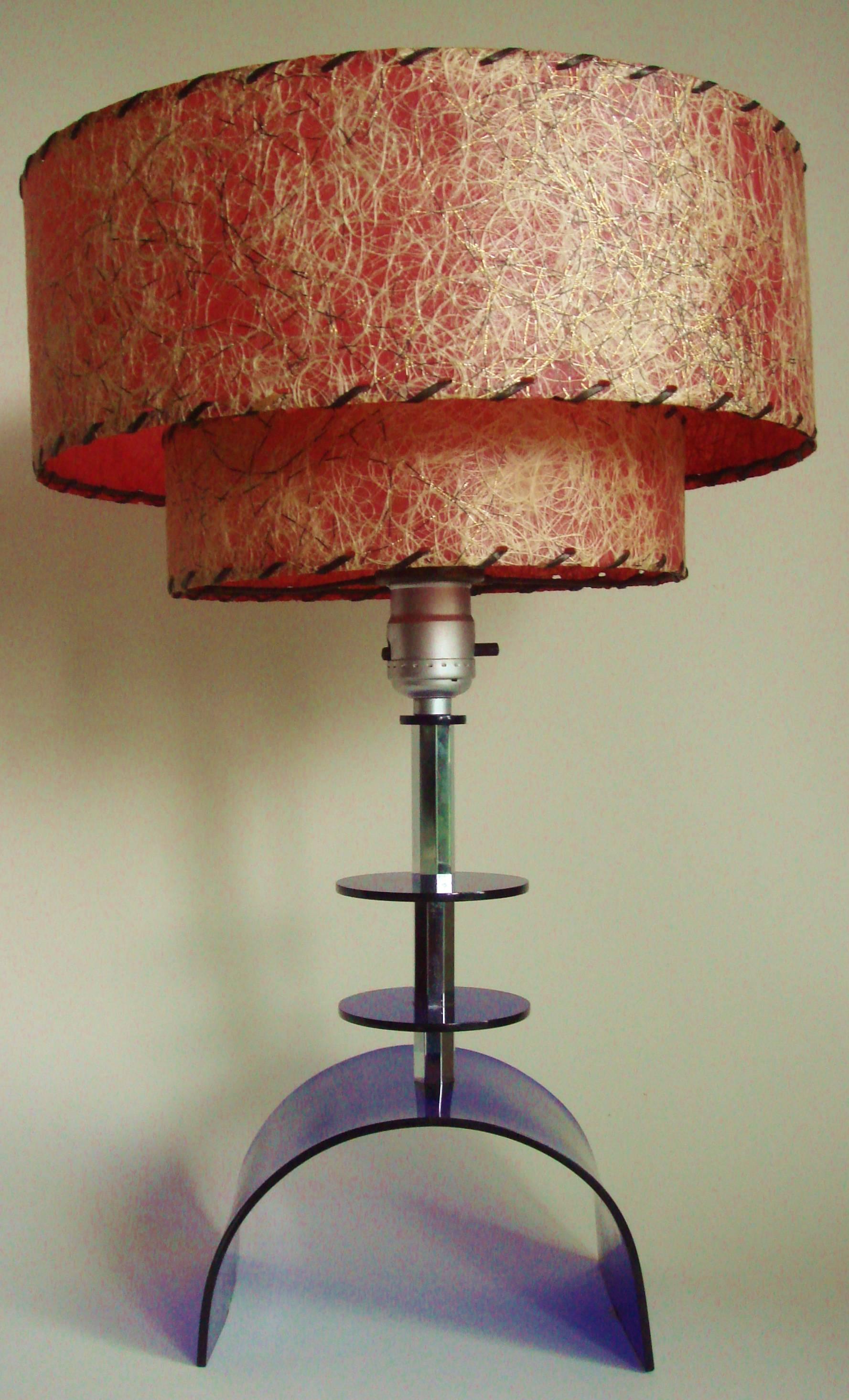 Frosted American Mid-Century Cobalt Lucite & Chrome Table Lamp with Red Two-Tiered Shade For Sale