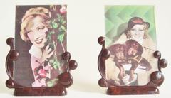 Pair of English Art Deco Flower-Form Marbled Dark Brown Lucite Postcard Frames