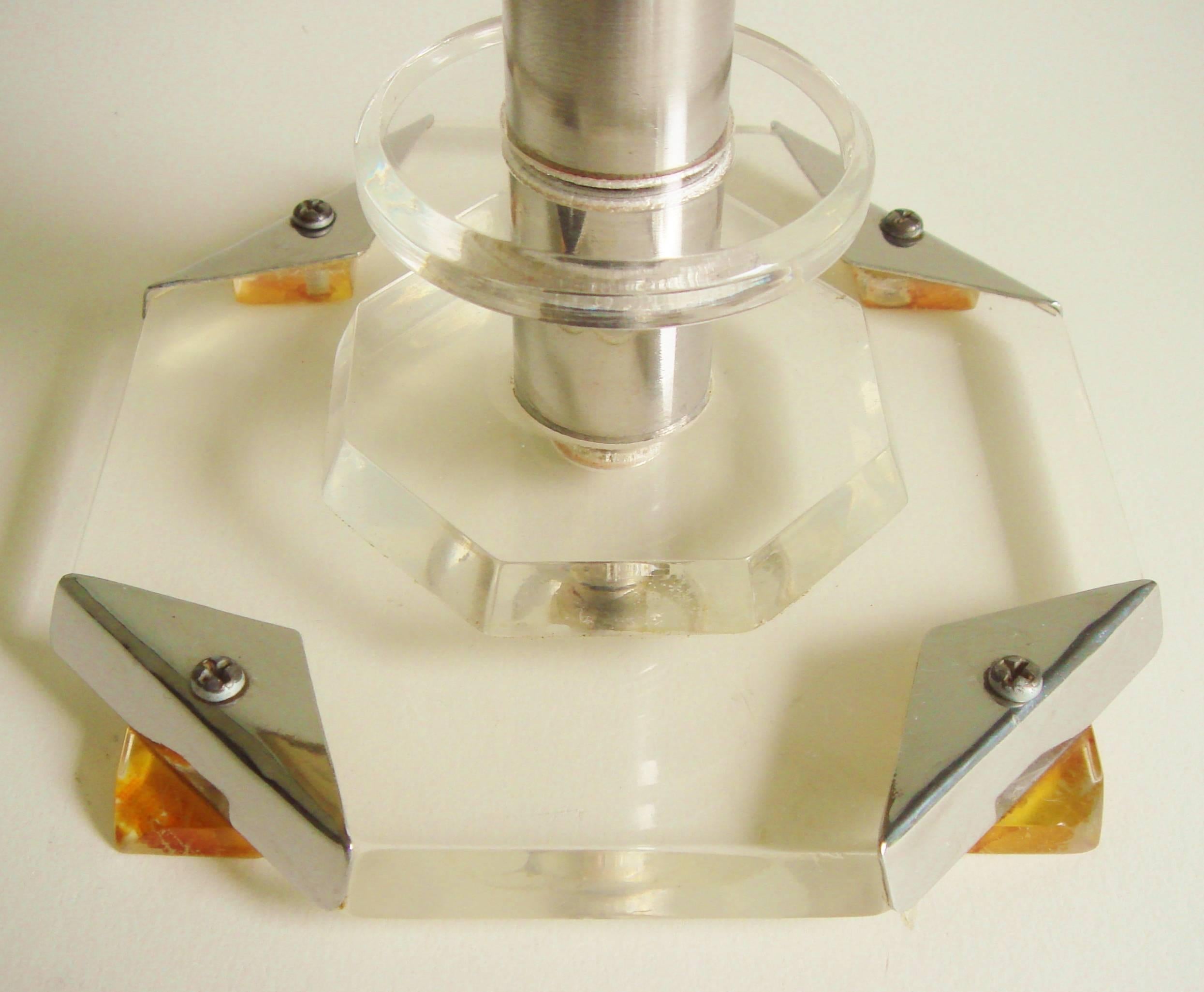 Molded Canadian Late Art Deco Lucite and Chrome Table Lamp with Fiberglass Tiered Shade For Sale