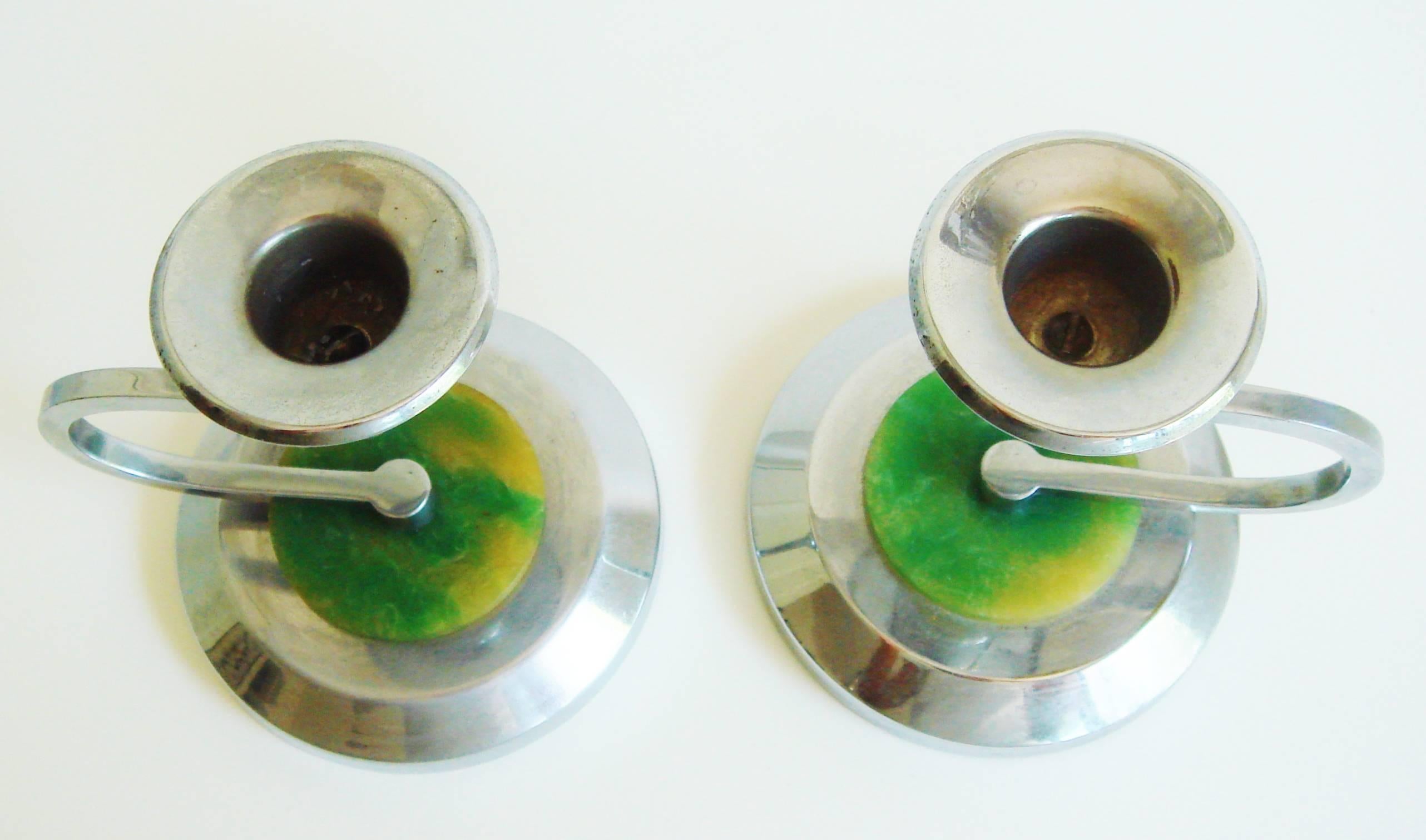 Molded Pair of English Art Deco Chrome Candlesticks with Black & Green Bakelite Accents