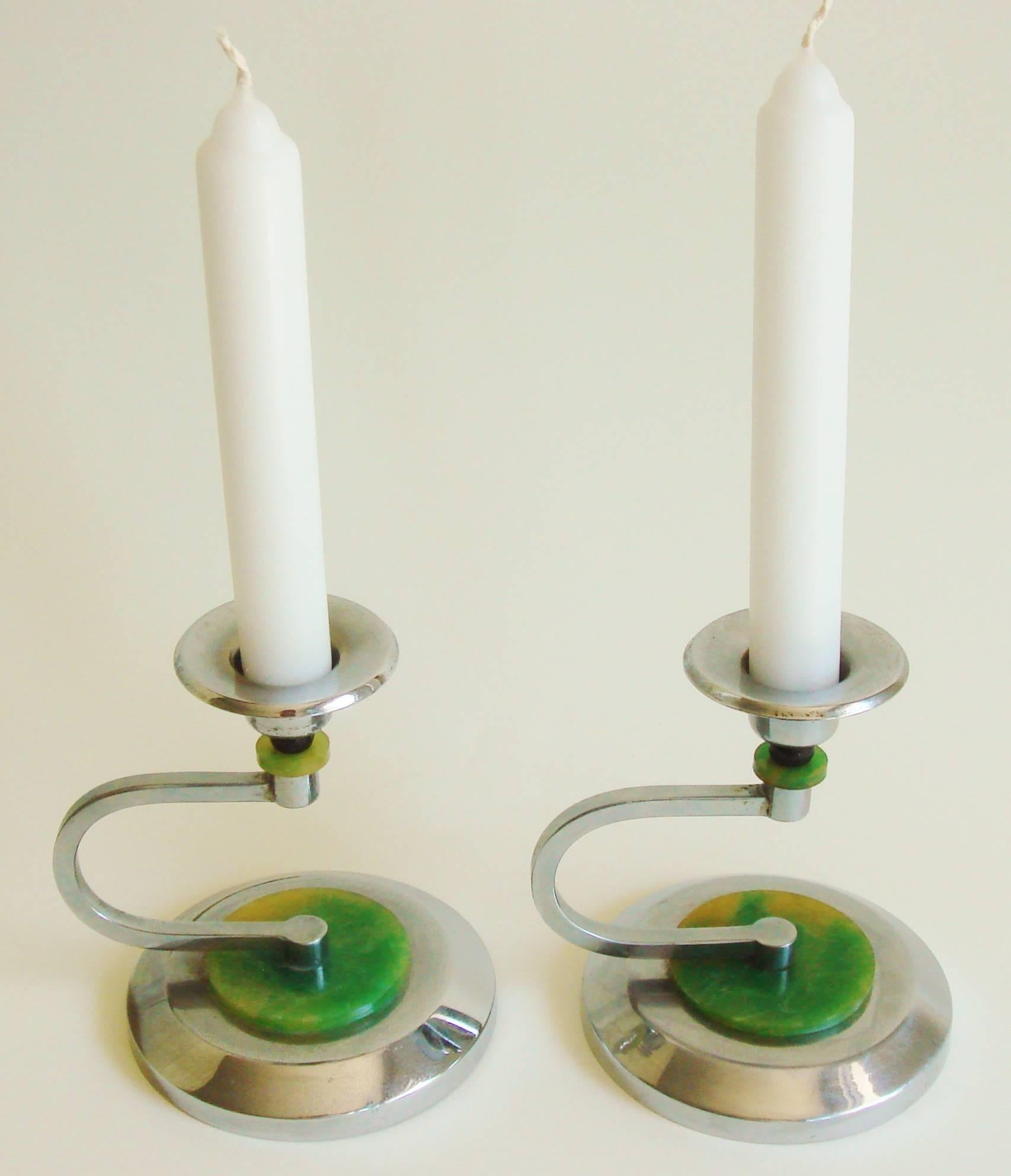 Pair of English Art Deco Chrome Candlesticks with Black & Green Bakelite Accents 2