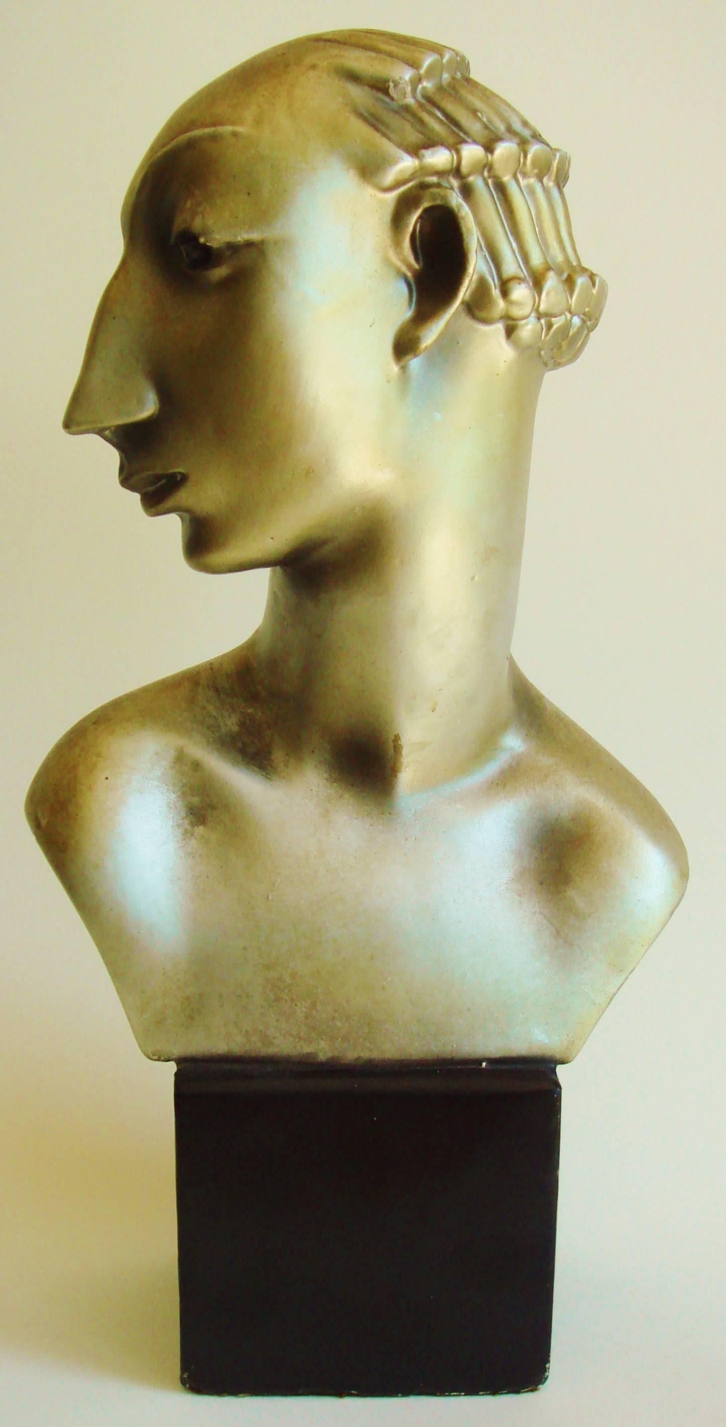 Cold-Painted Pair of American Hollywood Regency Metallic Finished Plaster Male & Female Busts