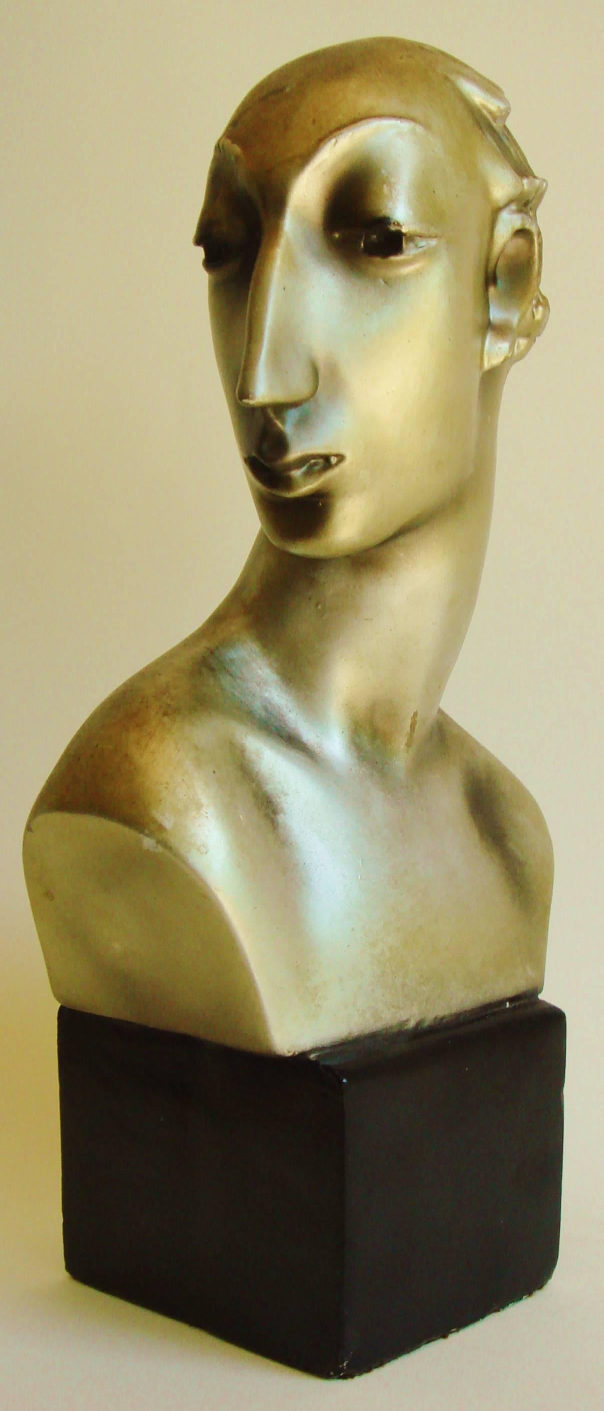 Mid-20th Century Pair of American Hollywood Regency Metallic Finished Plaster Male & Female Busts