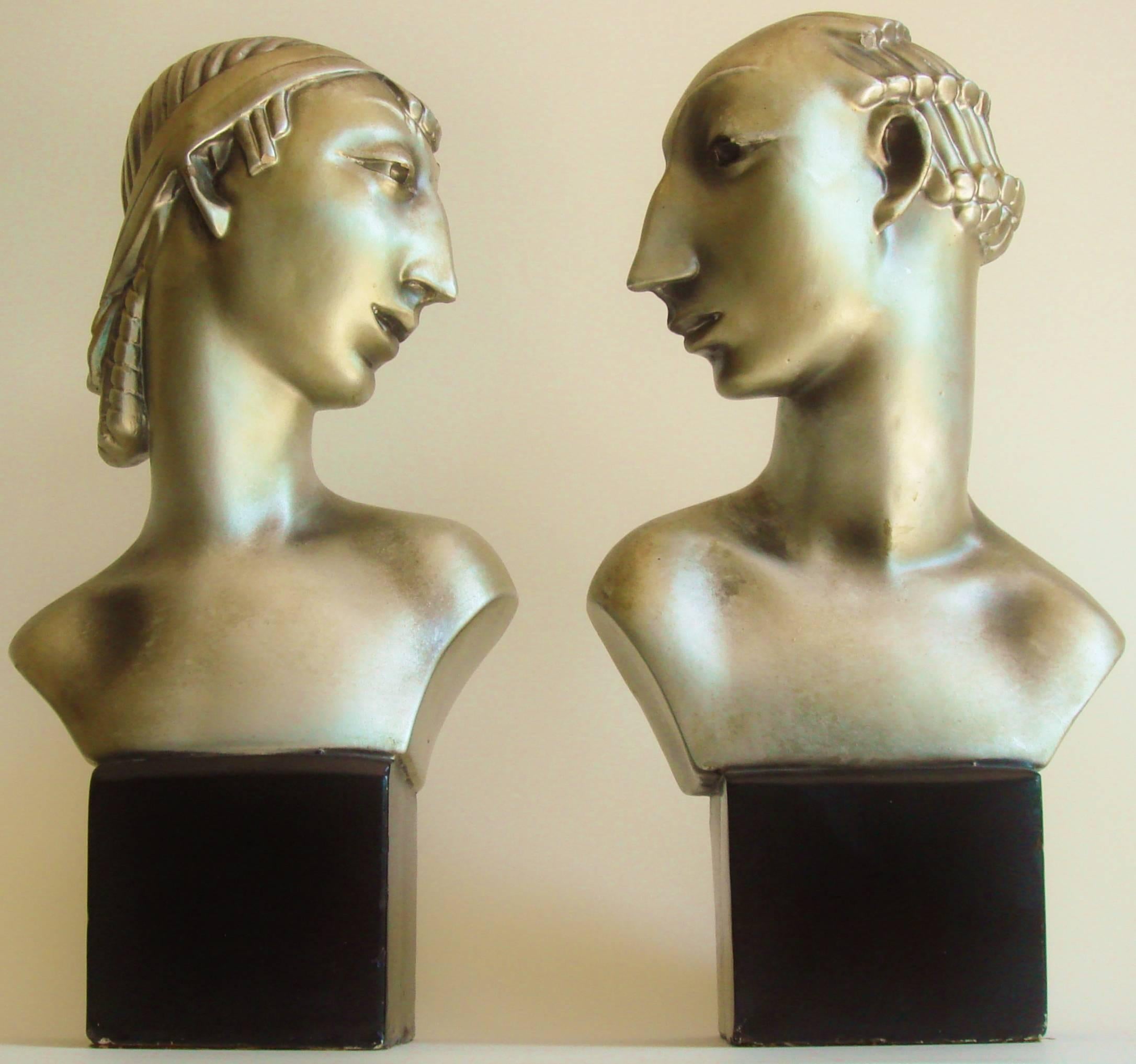 Pair of American Hollywood Regency Metallic Finished Plaster Male & Female Busts 3