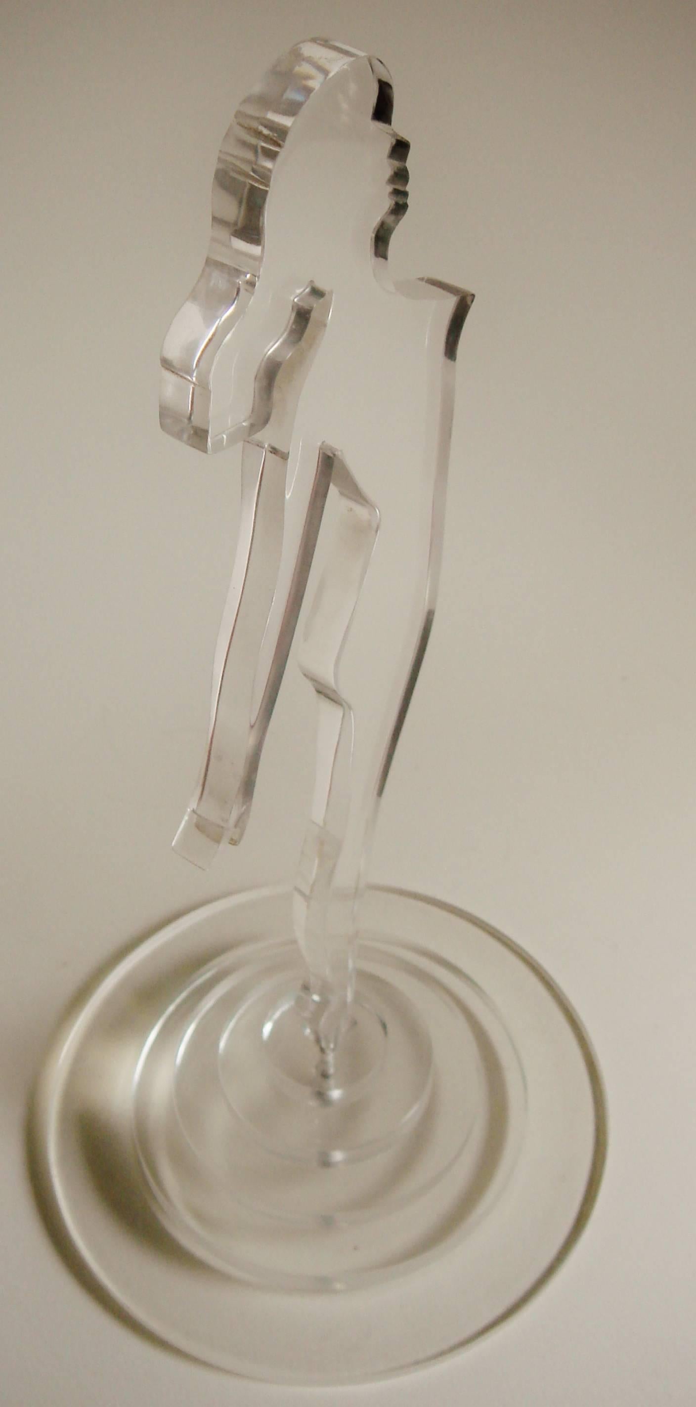Mid-20th Century American Art Deco Clear Lucite Standing Female Nude Silhouette on Stepped Plinth For Sale