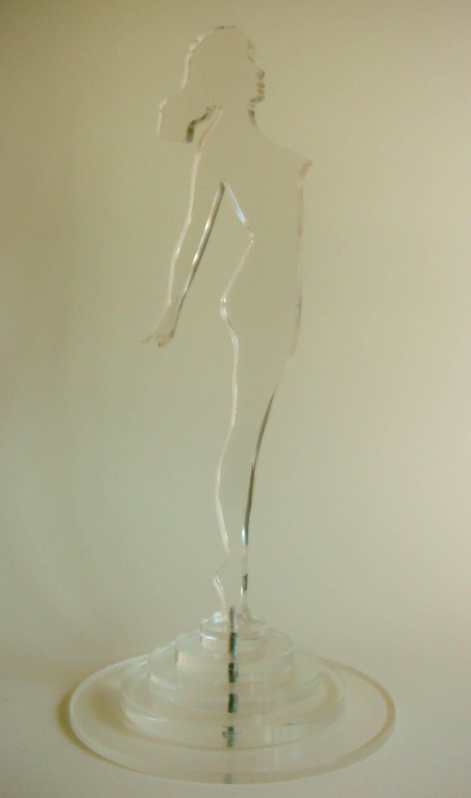 American Art Deco Clear Lucite Standing Female Nude Silhouette on Stepped Plinth For Sale 1