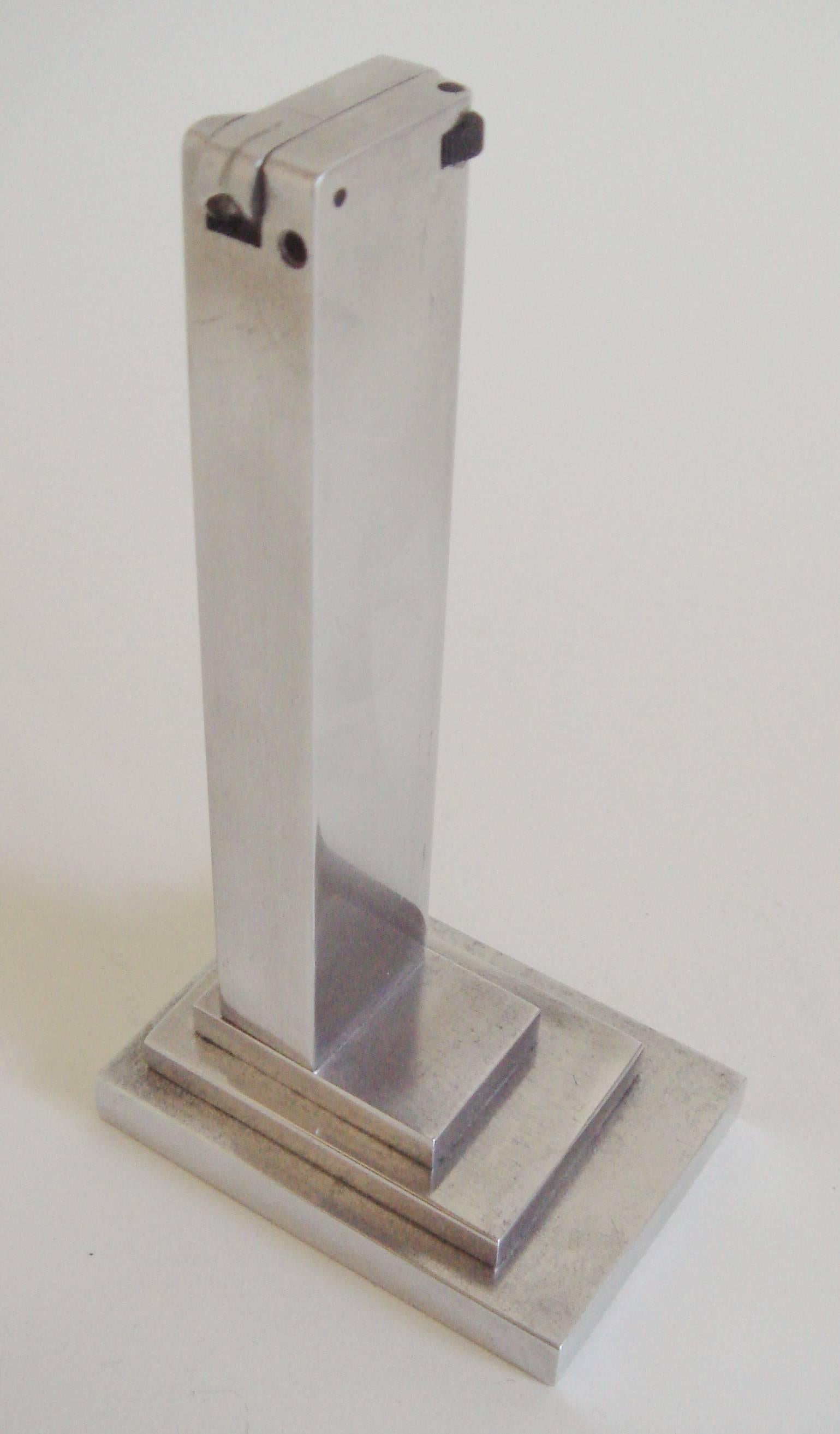 American Art Deco, Machine Age, Aluminum, Asymmetrical Skyscraper Table Lighter 1