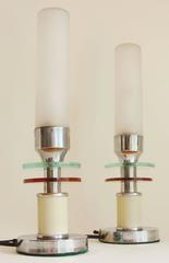 Pair of American Art Deco Chrome, Enamel, Two-Tone & Frosted Glass Table Lamps