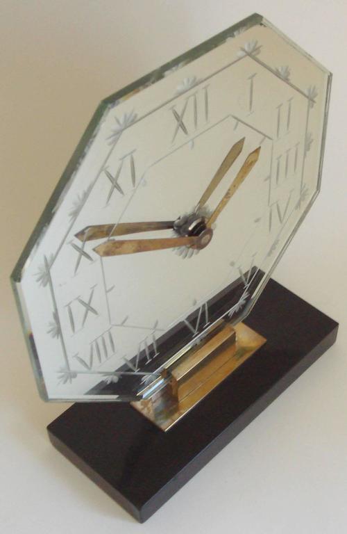French Art Deco Chrome, Brass, Marble and WheelCut Mirror Mantel Clock by Marti at 1stDibs