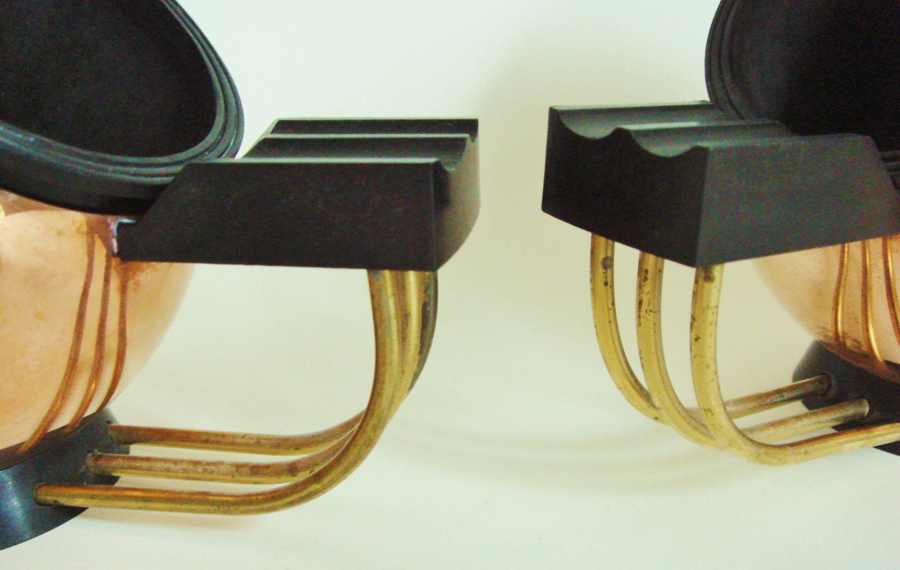 Rare Pair of Belgian Art Deco Copper, Brass and Bakelite Ashtrays by Demeyere In Good Condition In Port Hope, ON