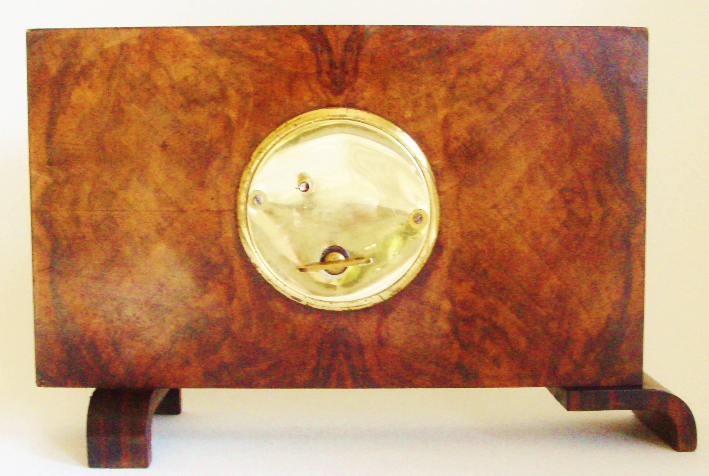 French Art Deco Poly-Chrome Veneer, Macassar and Brass Geometric Mantel Clock 2