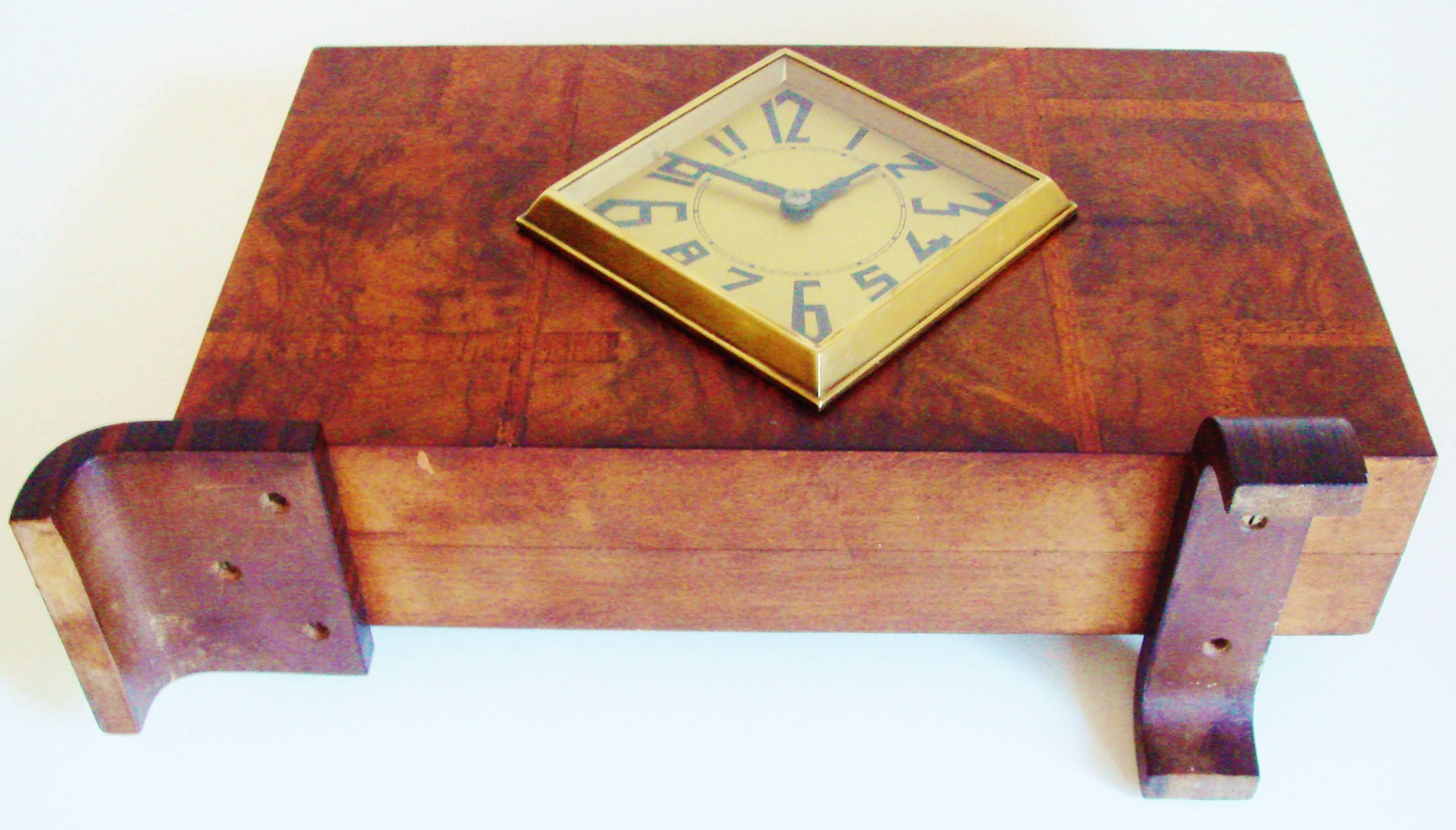 French Art Deco Poly-Chrome Veneer, Macassar and Brass Geometric Mantel Clock 3