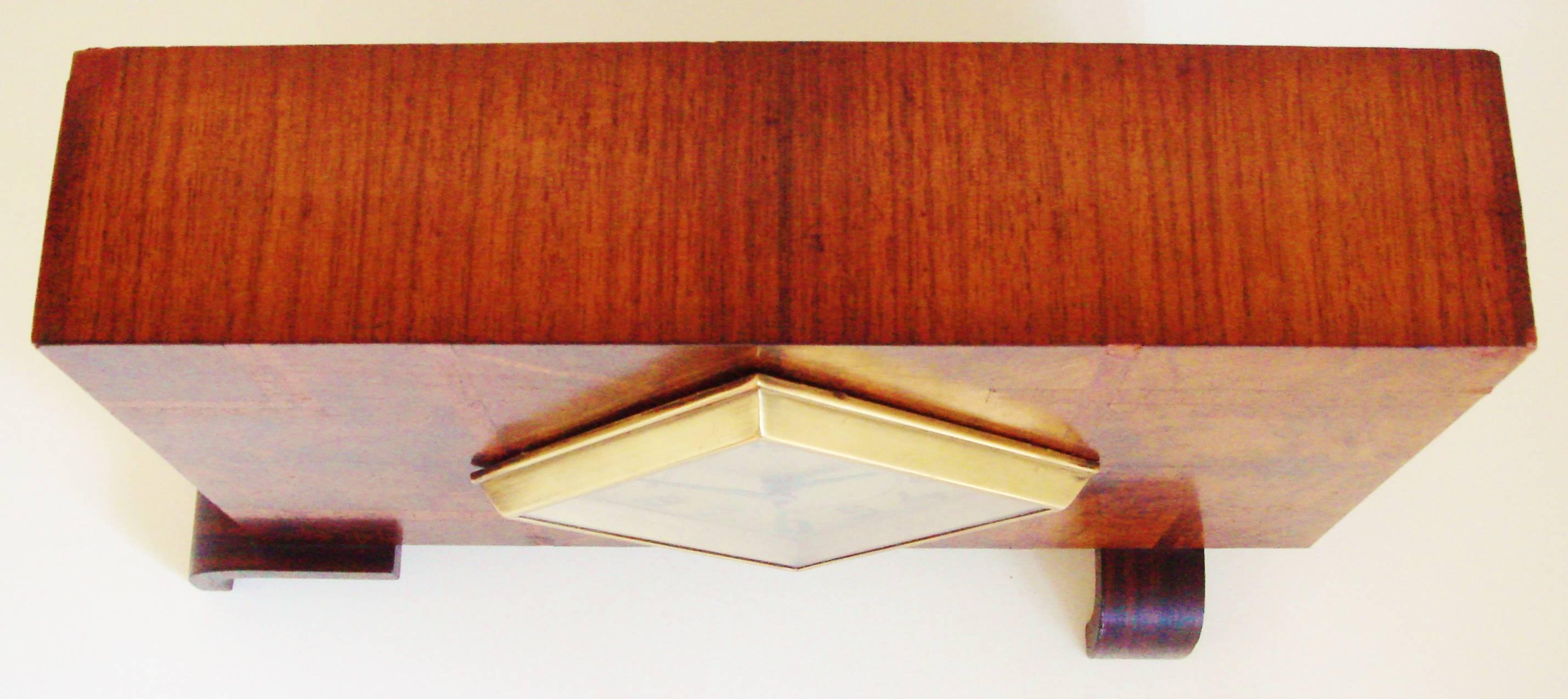French Art Deco Poly-Chrome Veneer, Macassar and Brass Geometric Mantel Clock 4
